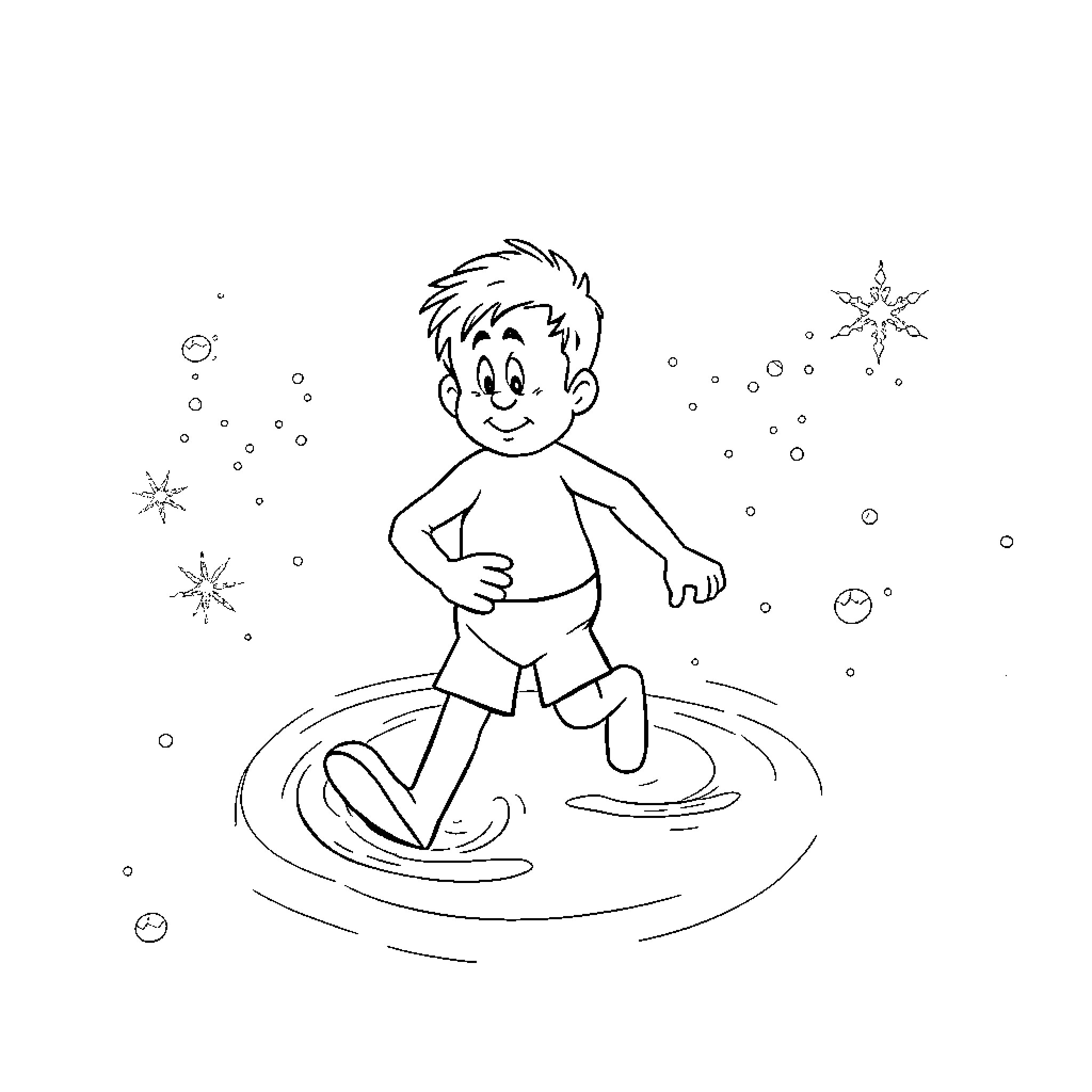 Peter splashing joyfully in puddle on a rainy day Coloring Page (free black-and-white line drawing printable PDF for all, from beginners to advanced learners, including children, teens, adults, and seniors)