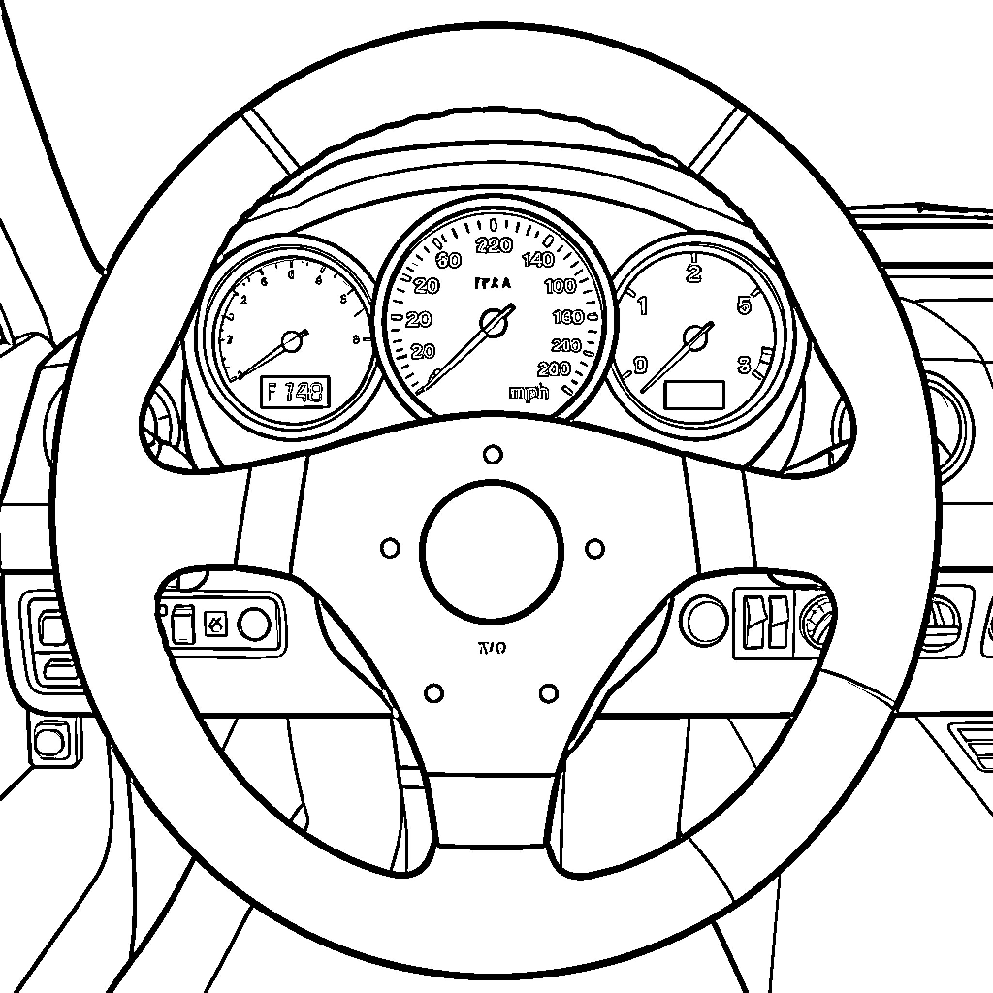 Ferrari F40 interior view showing the dashboard and steering wheel Coloring Page (free black-and-white line drawing printable PDF for all, from beginners to advanced learners, including children, teens, adults, and seniors)