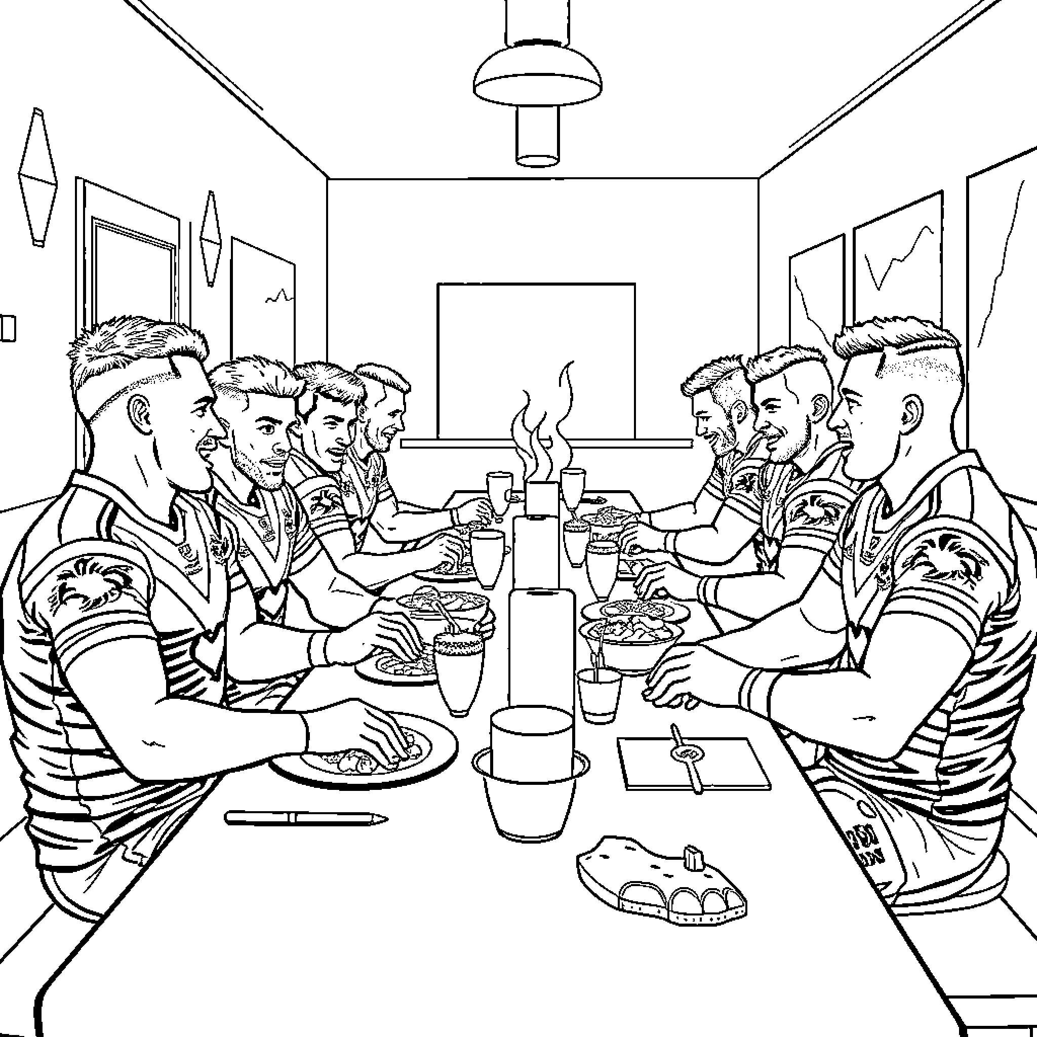 Rabbitohs team enjoying a meal together Coloring Page (free black-and-white line drawing printable PDF for all, from beginners to advanced learners, including children, teens, adults, and seniors)