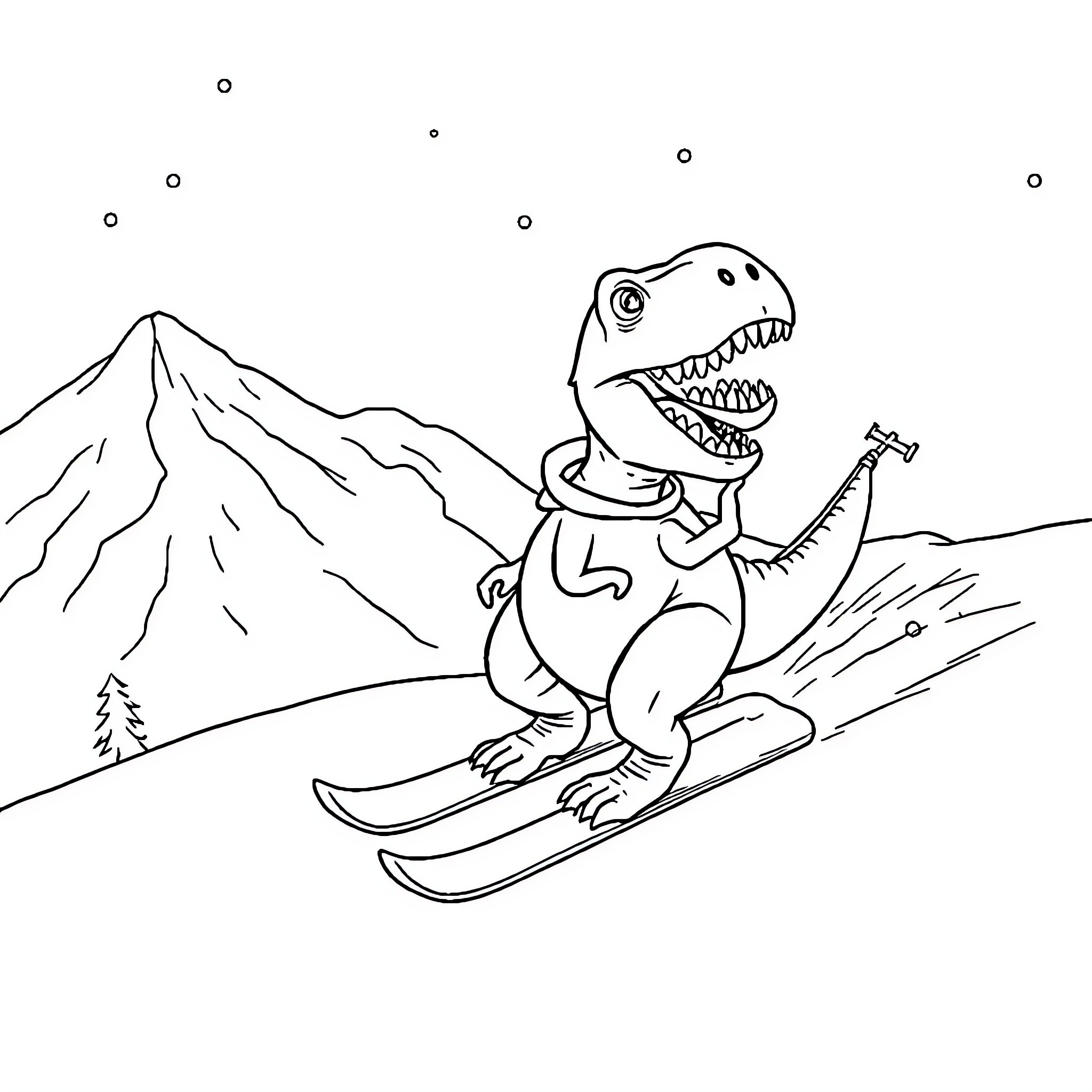 Trex skiing down the snowy mountain Coloring Page (free black-and-white line drawing printable PDF for all, from beginners to advanced learners, including children, teens, adults, and seniors)