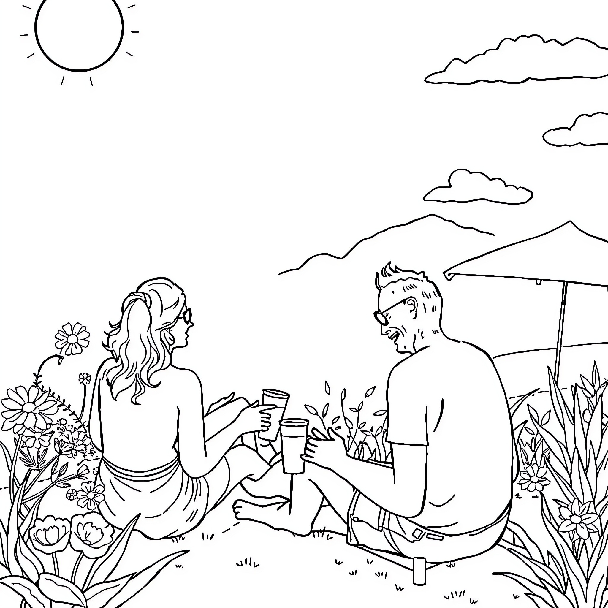 Summer picnic in the garden Coloring Page (free black-and-white line drawing printable PDF for all, from beginners to advanced learners, including children, teens, adults, and seniors)