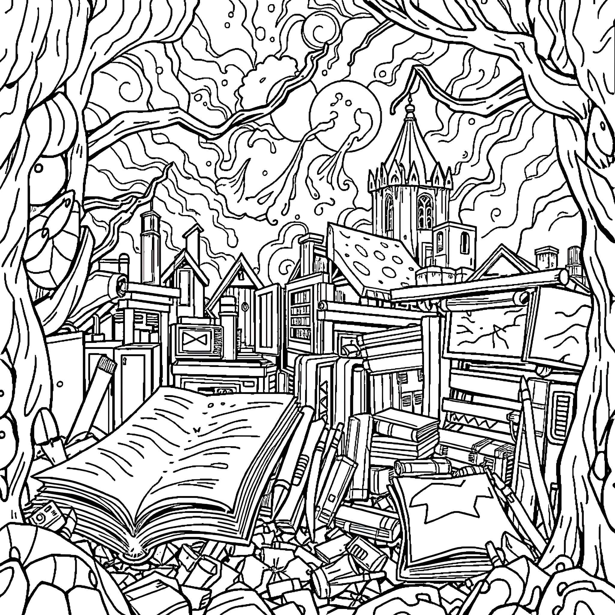Manga Fantasy City and Enchanted Book Landscape Coloring Page (free black-and-white line drawing printable PDF for all, from beginners to advanced learners, including children, teens, adults, and seniors)