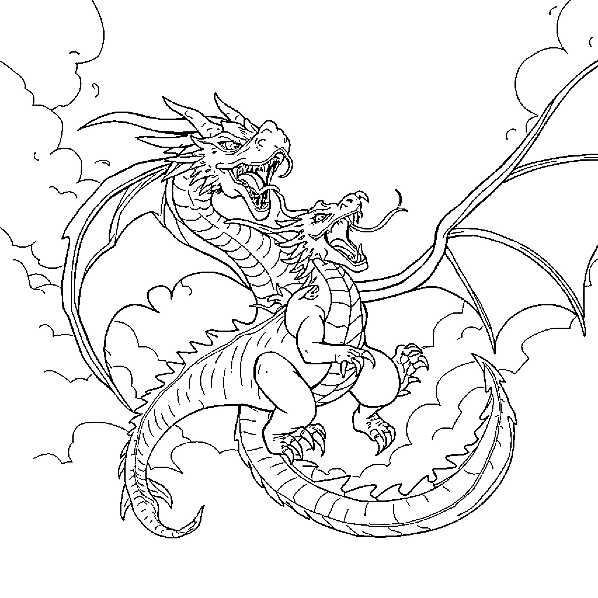 Dragon Duo Soaring Amid Stormy Clouds Coloring Page (free black-and-white line drawing printable PDF for all, from beginners to advanced learners, including children, teens, adults, and seniors)