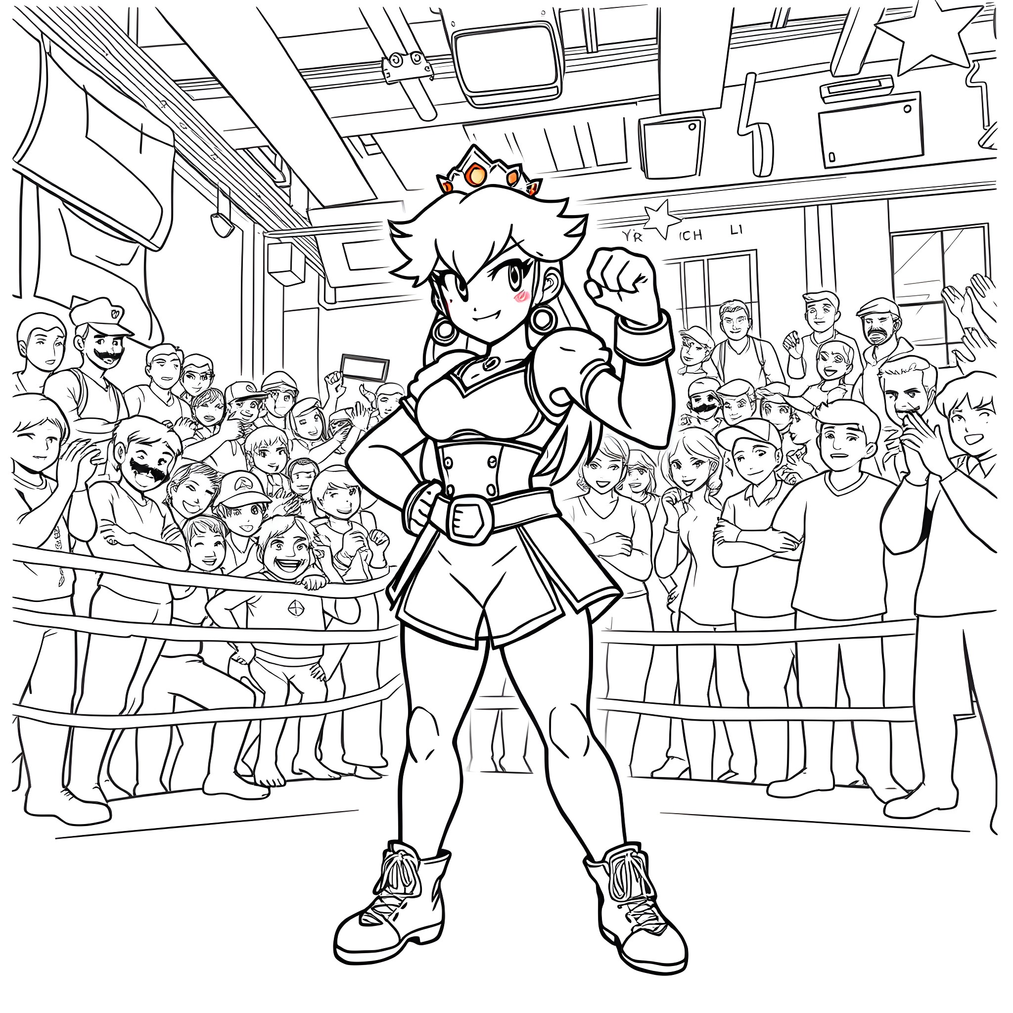 Princess Battles Crowd in Coliseum Arena Coloring Page (free black-and-white line drawing printable PDF for all, from beginners to advanced learners, including children, teens, adults, and seniors)