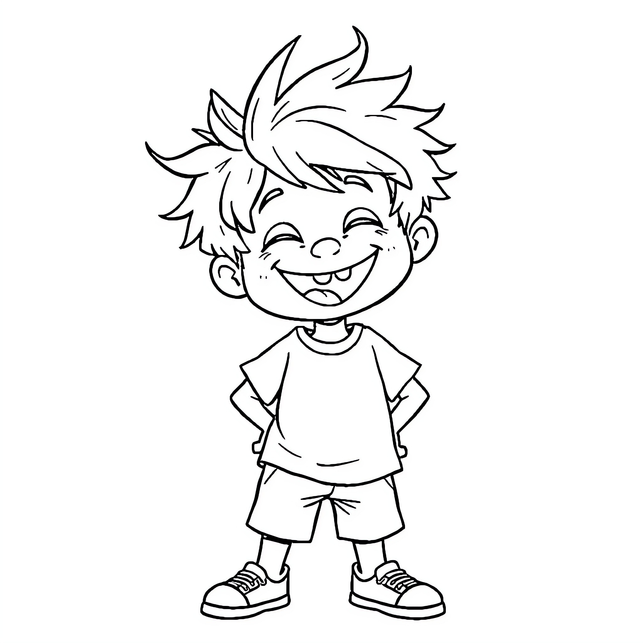 Boy Happily Smiling and Posing Coloring Page (free black-and-white line drawing printable PDF for all, from beginners to advanced learners, including children, teens, adults, and seniors)