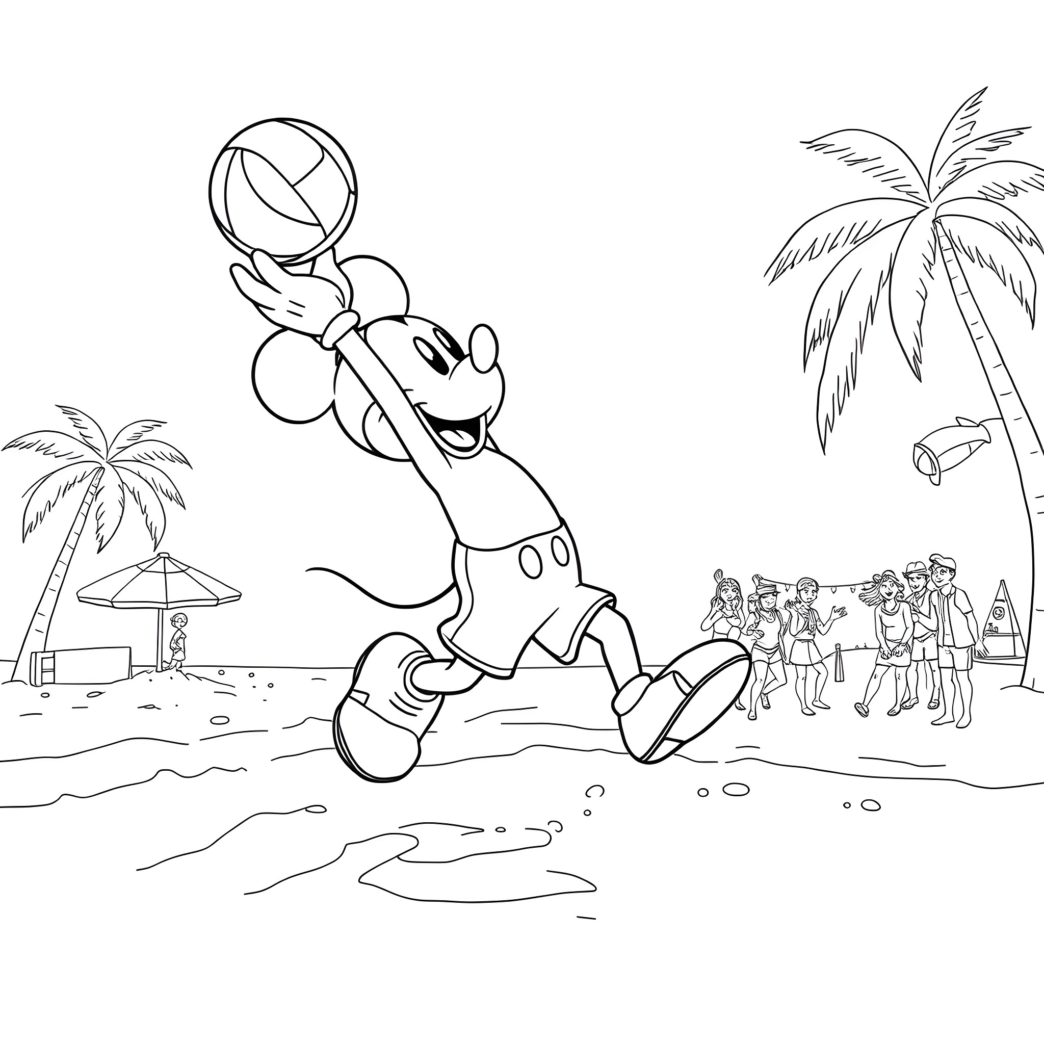Mickey Mouse enjoying summer activities on the beach Coloring Page (free black-and-white line drawing printable PDF for all, from beginners to advanced learners, including children, teens, adults, and seniors)