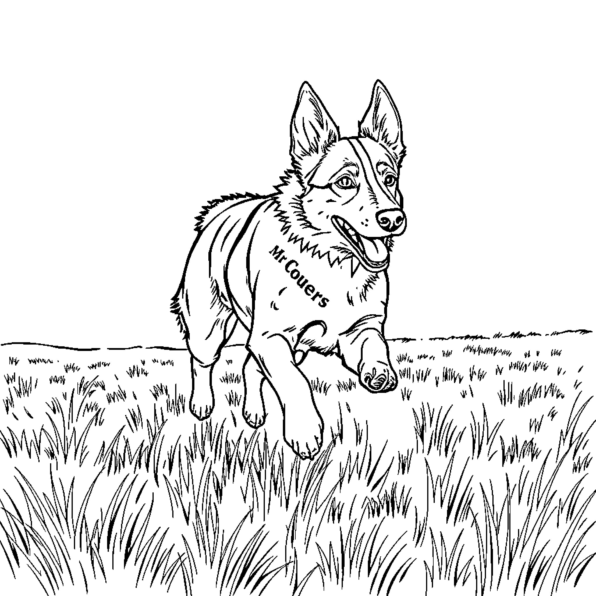 Blue Heeler Exploring the Grassy Field Coloring Page (free black-and-white line drawing printable PDF for all, from beginners to advanced learners, including children, teens, adults, and seniors)