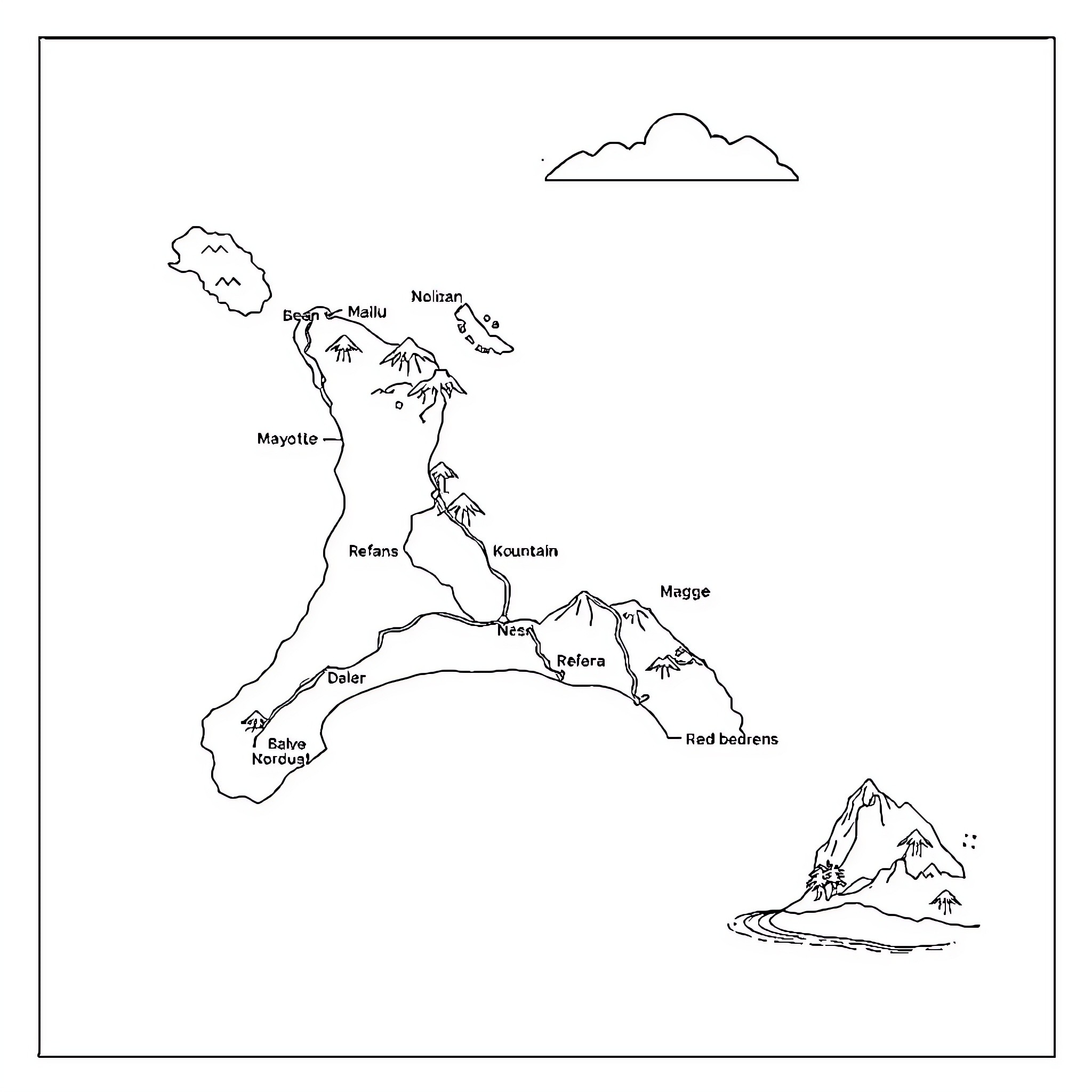 Map of geological formations and landmarks Coloring Page (free black-and-white line drawing printable PDF for all, from beginners to advanced learners, including children, teens, adults, and seniors)