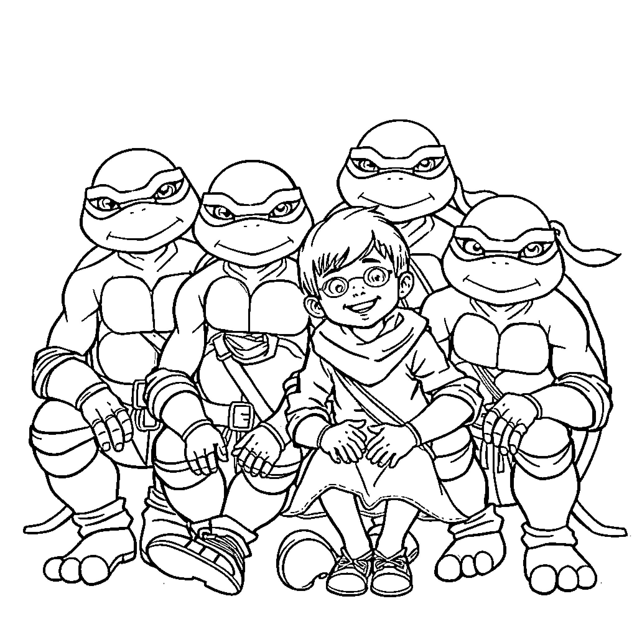 Ninja Turtle Friends in Action Pose Coloring Page (free black-and-white line drawing printable PDF for all, from beginners to advanced learners, including children, teens, adults, and seniors)
