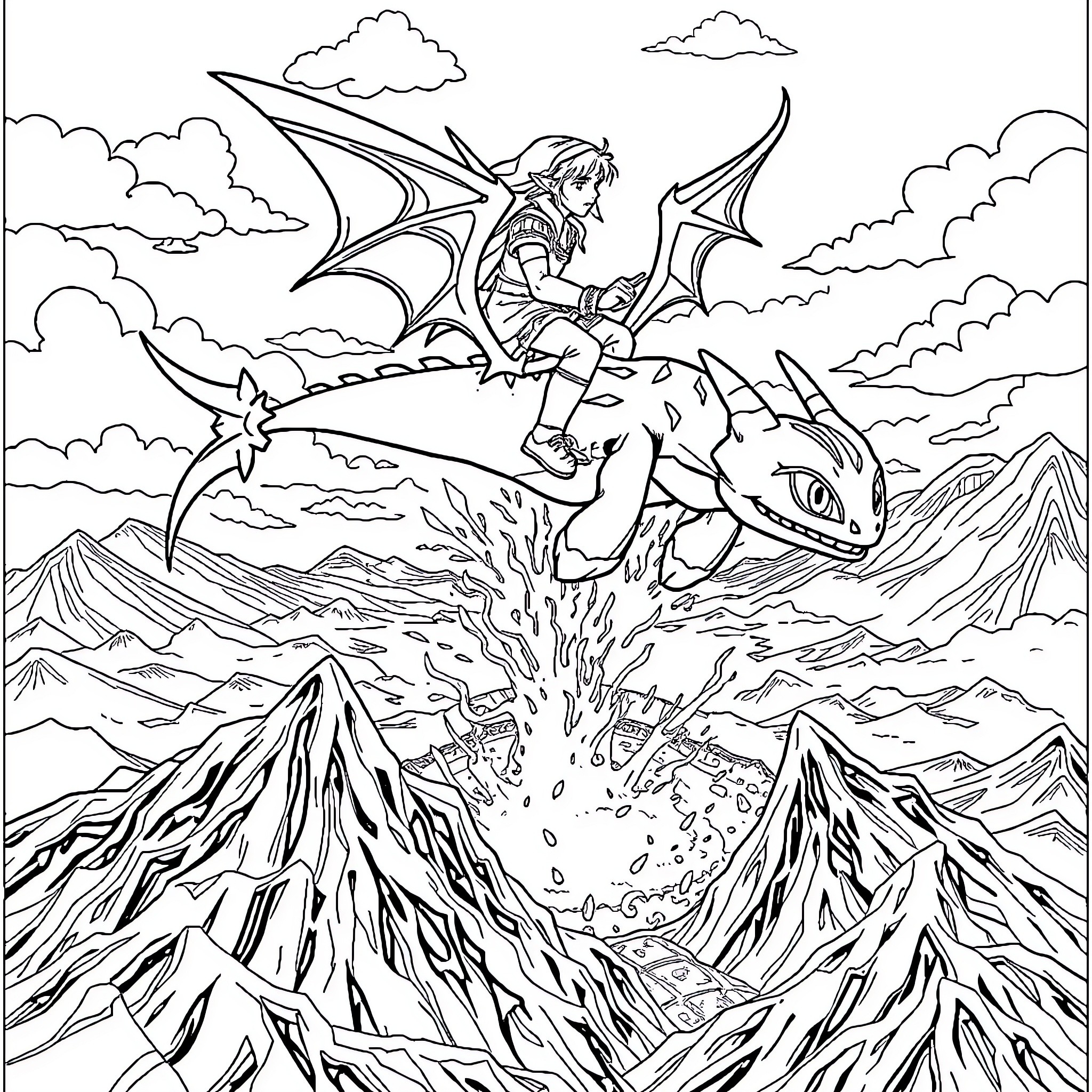 Link Riding a Dragon Through the Mountains Coloring Page (free black-and-white line drawing printable PDF for all, from beginners to advanced learners, including children, teens, adults, and seniors)
