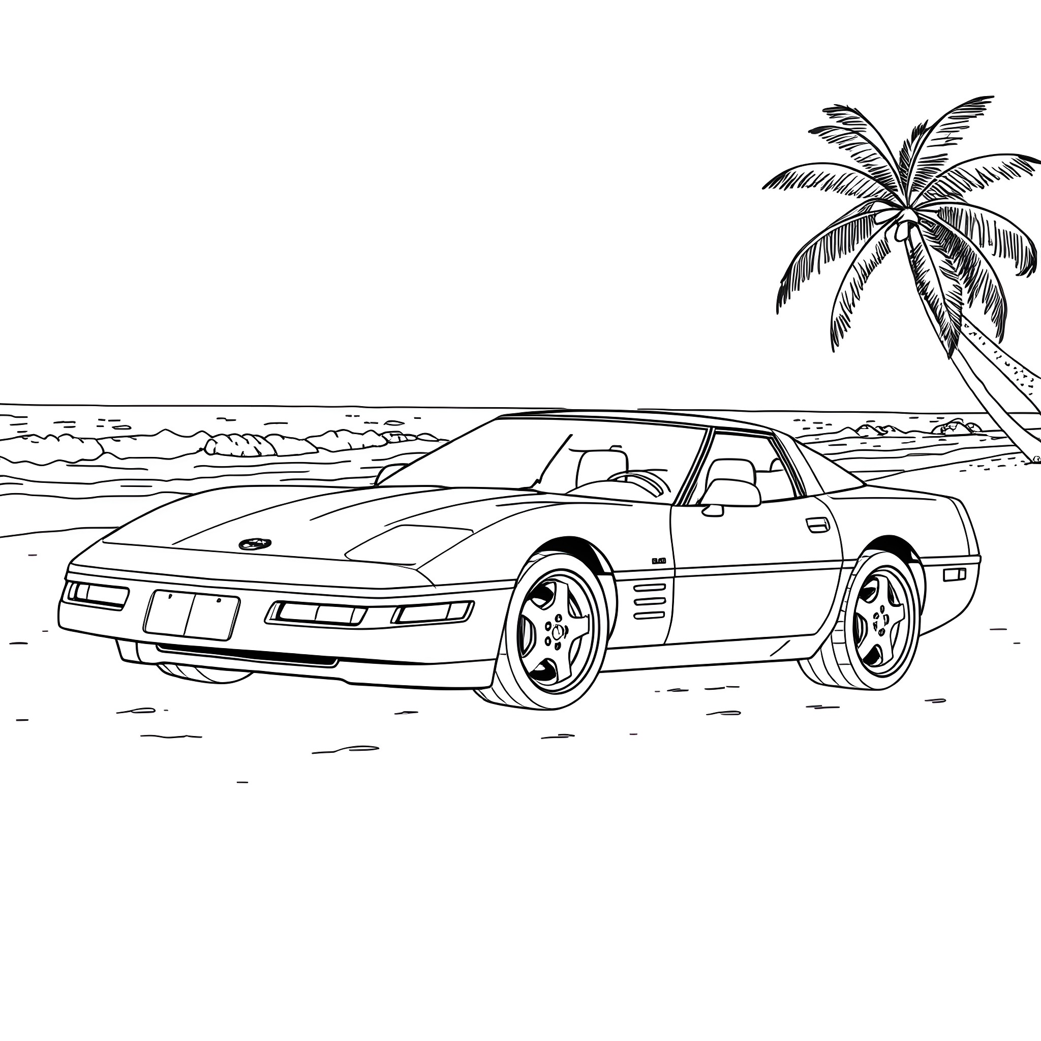 Corvette on the Beach with Palm Tree Coloring Page (free black-and-white line drawing printable PDF for all, from beginners to advanced learners, including children, teens, adults, and seniors)