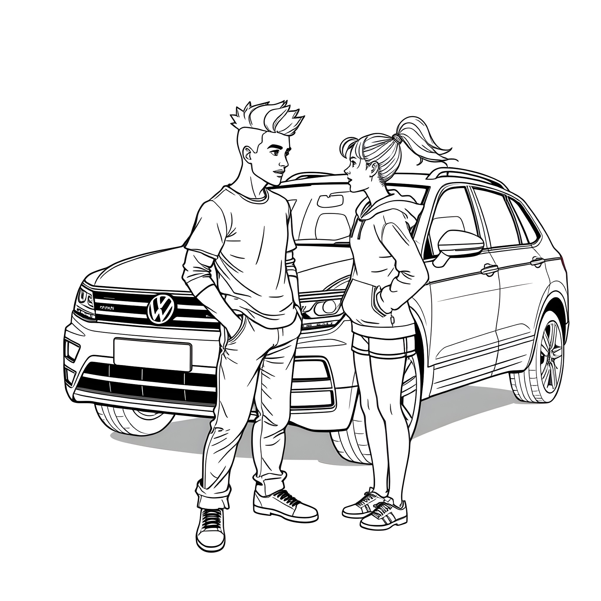 Teen couple embracing by their car Coloring Page (free black-and-white line drawing printable PDF for all, from beginners to advanced learners, including children, teens, adults, and seniors)