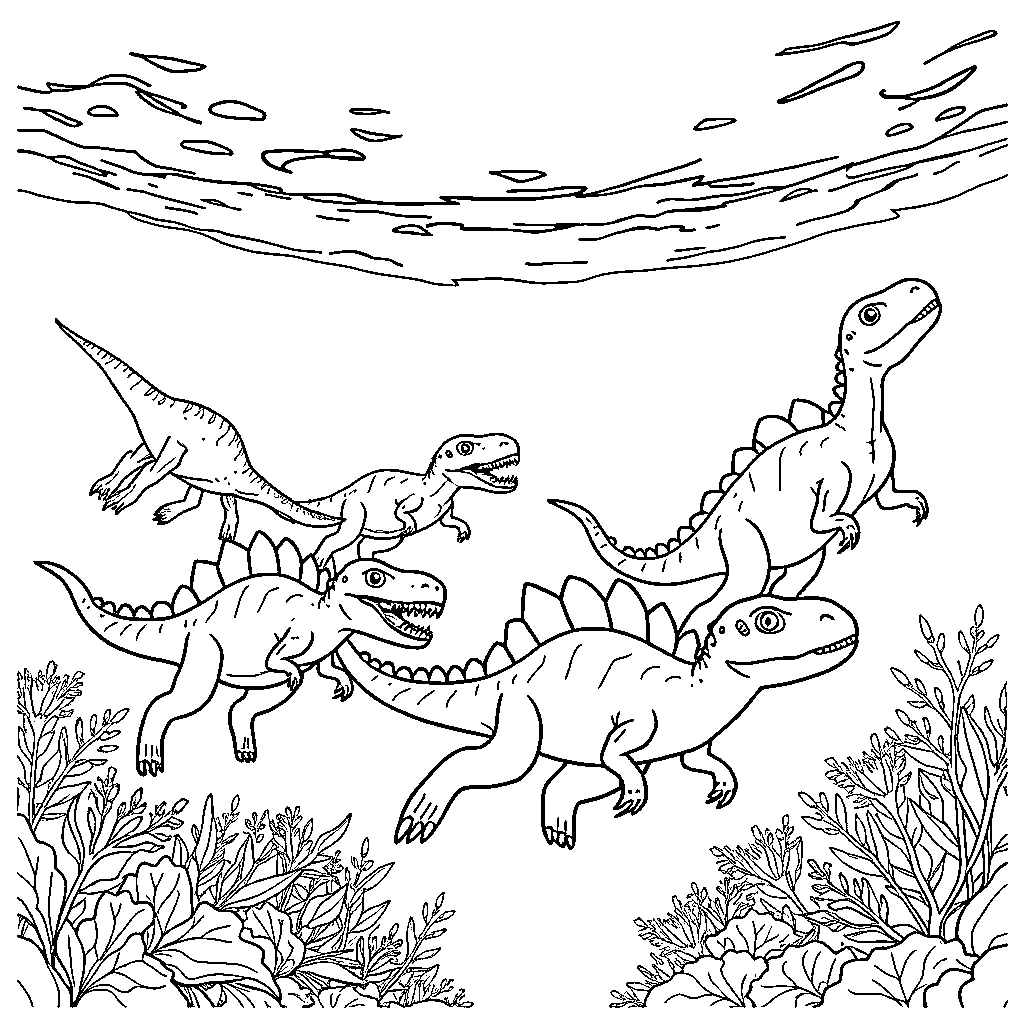 Dinosaurs playing in prehistoric landscape Coloring Page (free black-and-white line drawing printable PDF for all, from beginners to advanced learners, including children, teens, adults, and seniors)