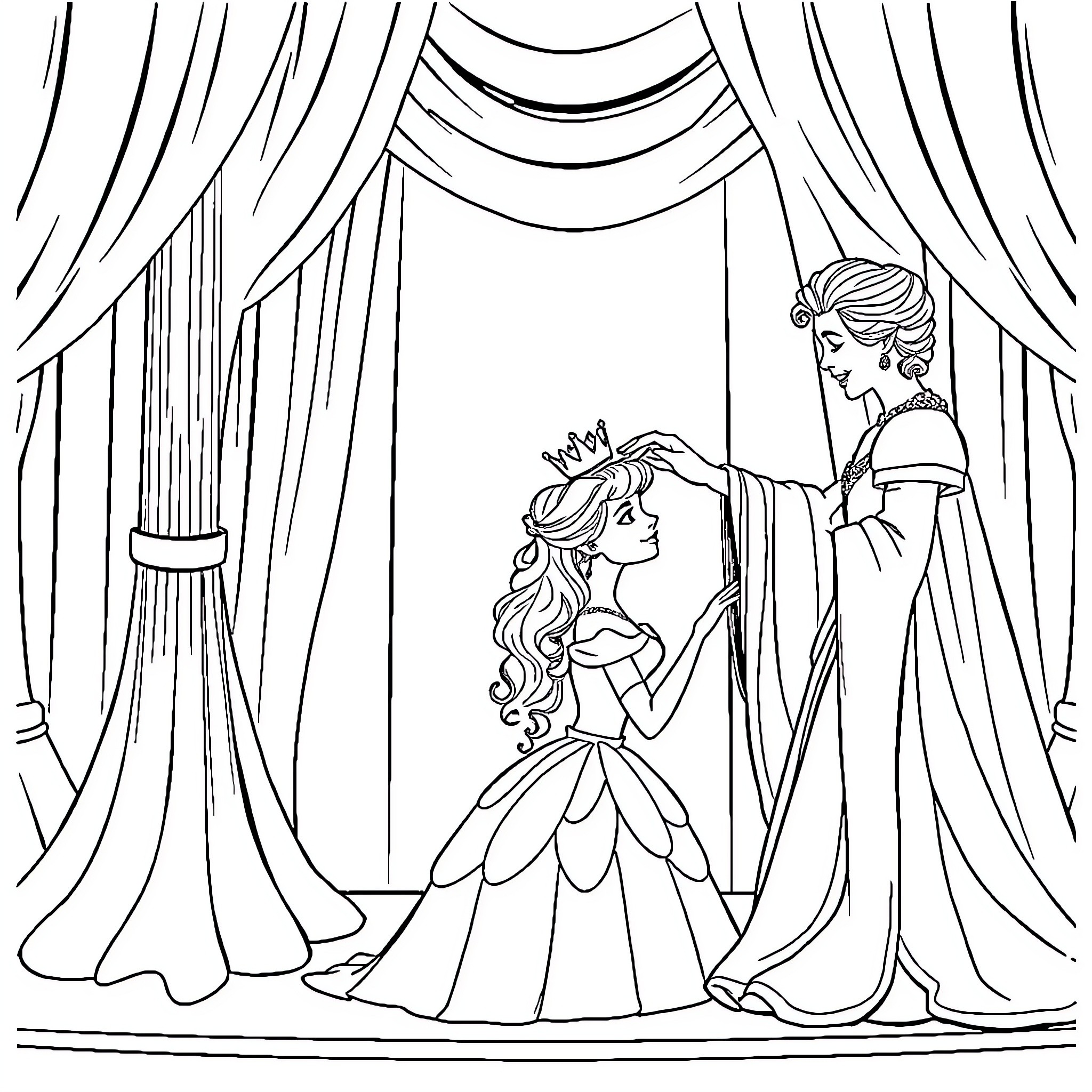 Princess's Enchanting Stage Performance Coloring Page (free black-and-white line drawing printable PDF for all, from beginners to advanced learners, including children, teens, adults, and seniors)