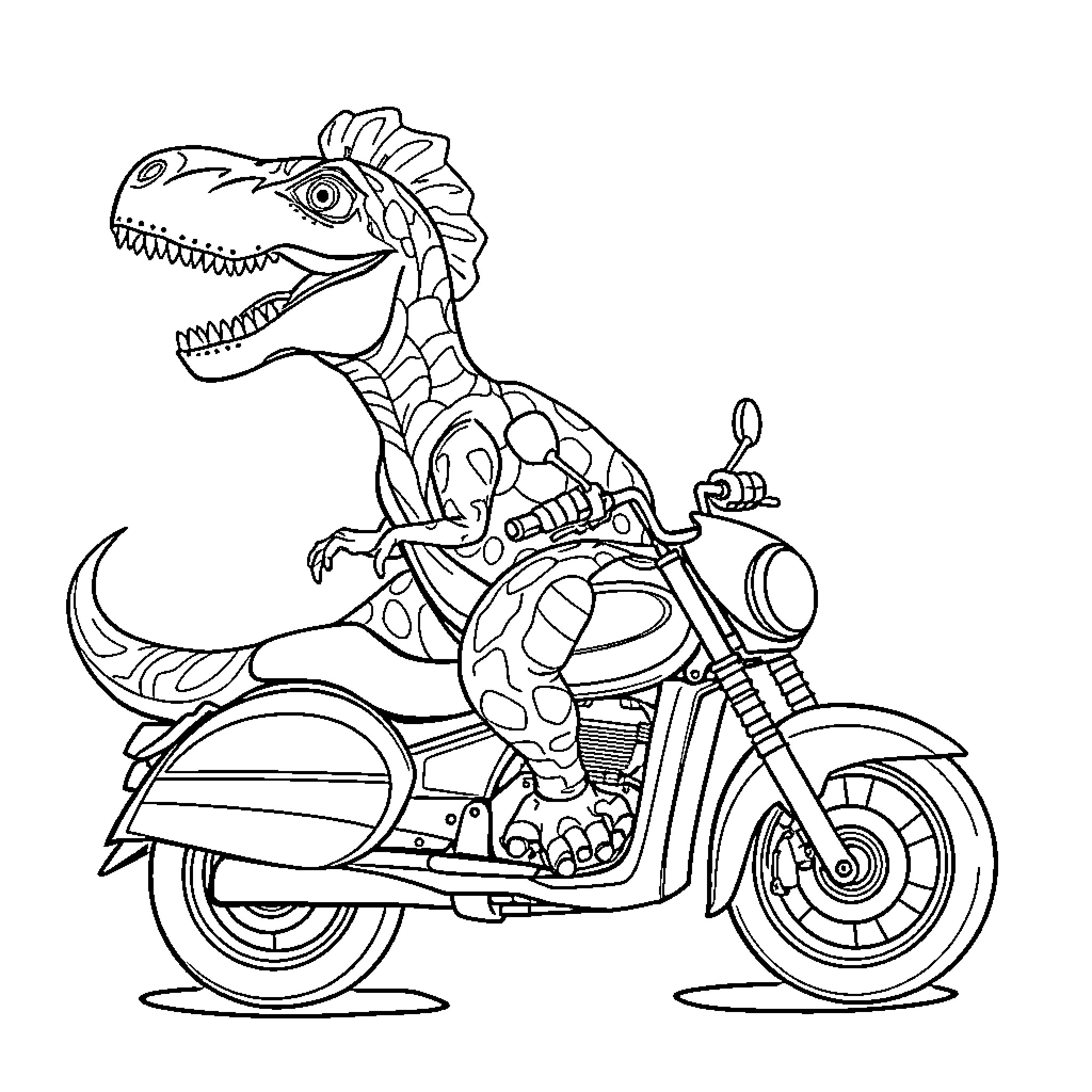 Dinosaur riding motorcycle with enthusiasm Coloring Page (free black-and-white line drawing printable PDF for all, from beginners to advanced learners, including children, teens, adults, and seniors)
