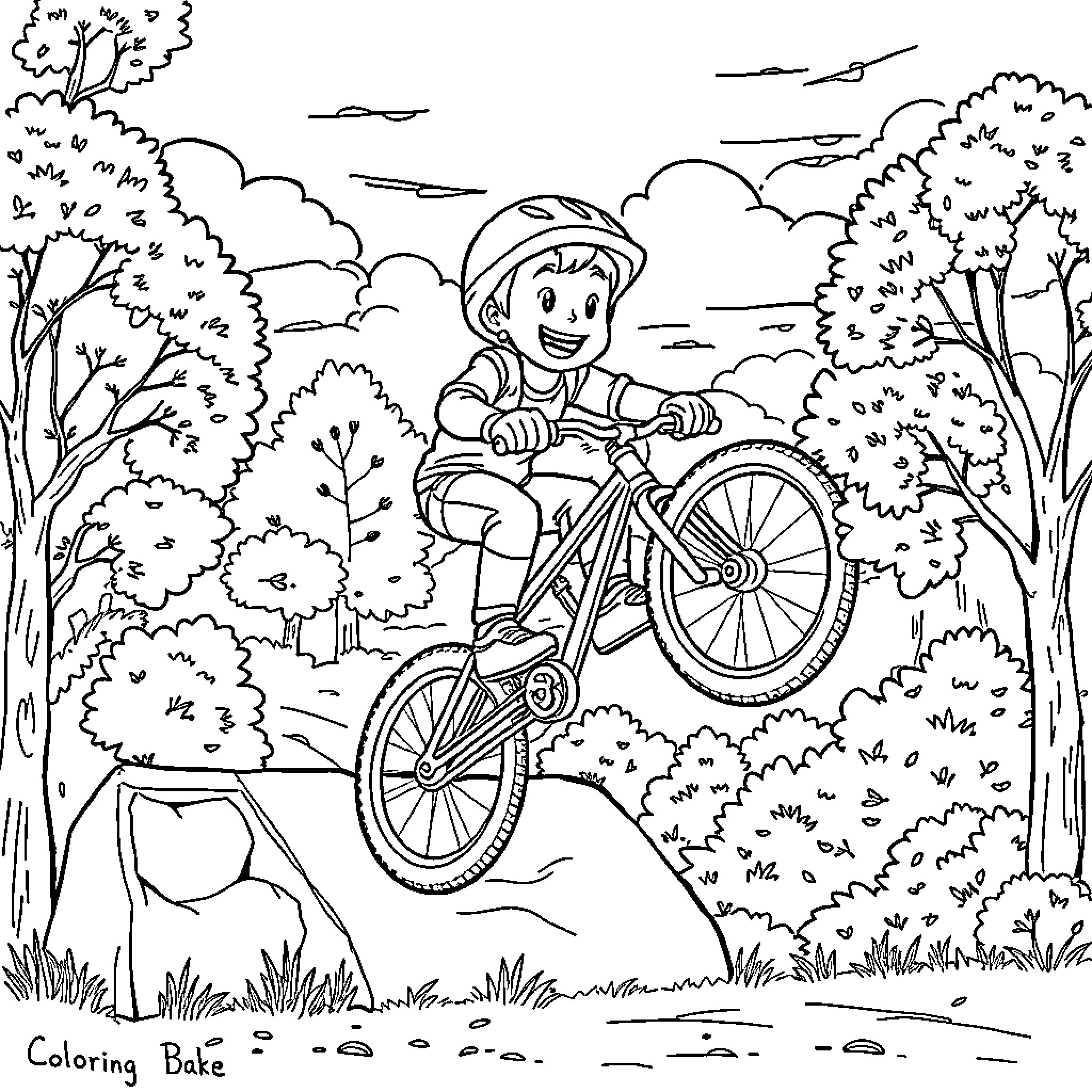 Bluey riding a bicycle in the woods Coloring Page (free black-and-white line drawing printable PDF for all, from beginners to advanced learners, including children, teens, adults, and seniors)