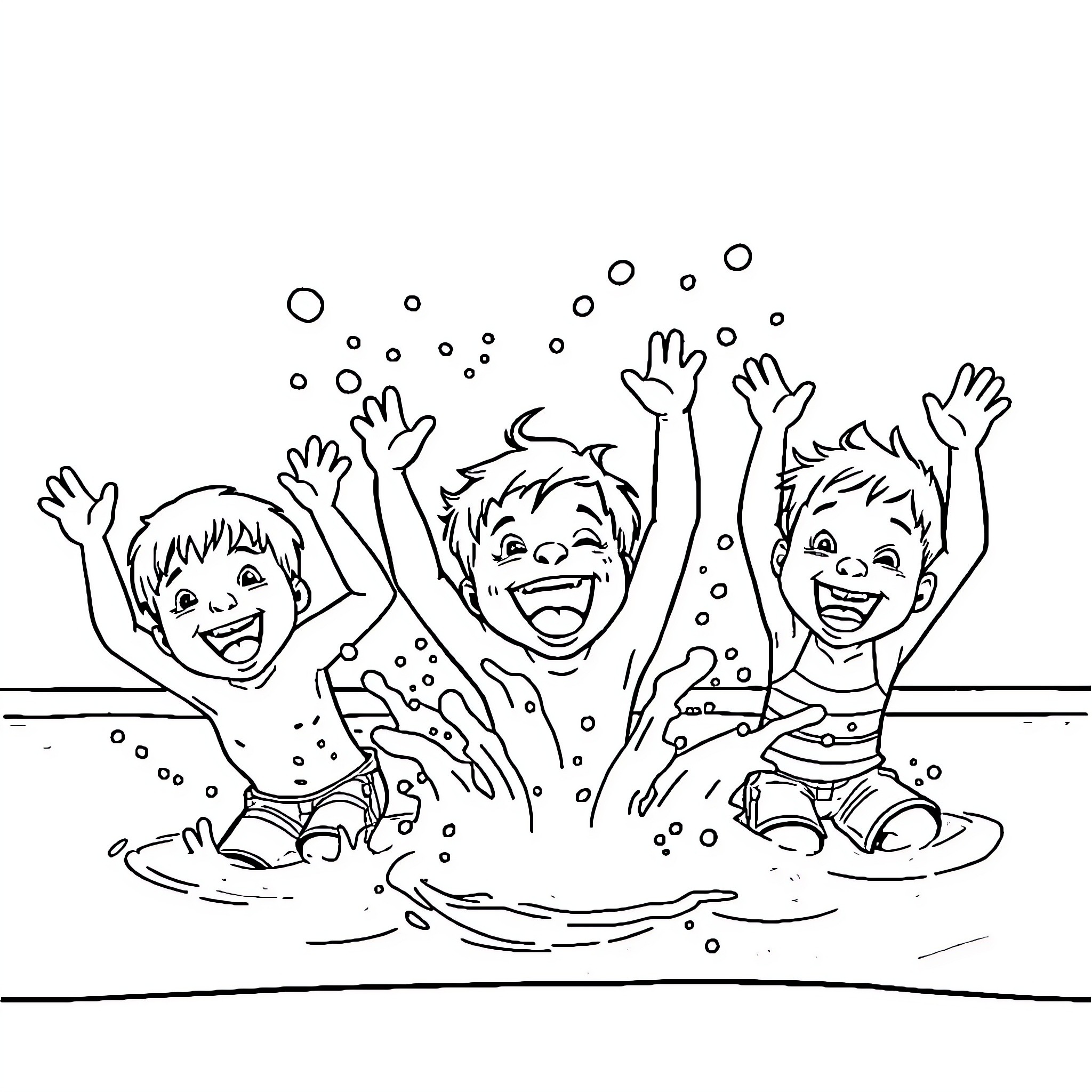 Kid having fun splashing and playing in water Coloring Page (free black-and-white line drawing printable PDF for all, from beginners to advanced learners, including children, teens, adults, and seniors)