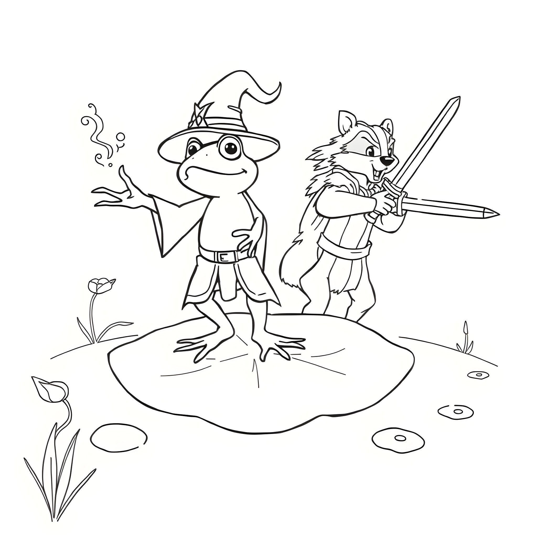 Wizard frog and raccoon warrior on a quest Coloring Page (free black-and-white line drawing printable PDF for all, from beginners to advanced learners, including children, teens, adults, and seniors)