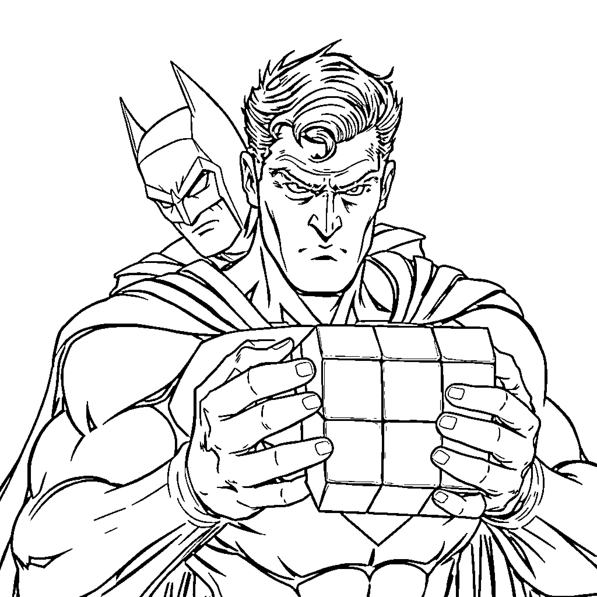 Superman solving a puzzle cube Coloring Page (free black-and-white line drawing printable PDF for all, from beginners to advanced learners, including children, teens, adults, and seniors)