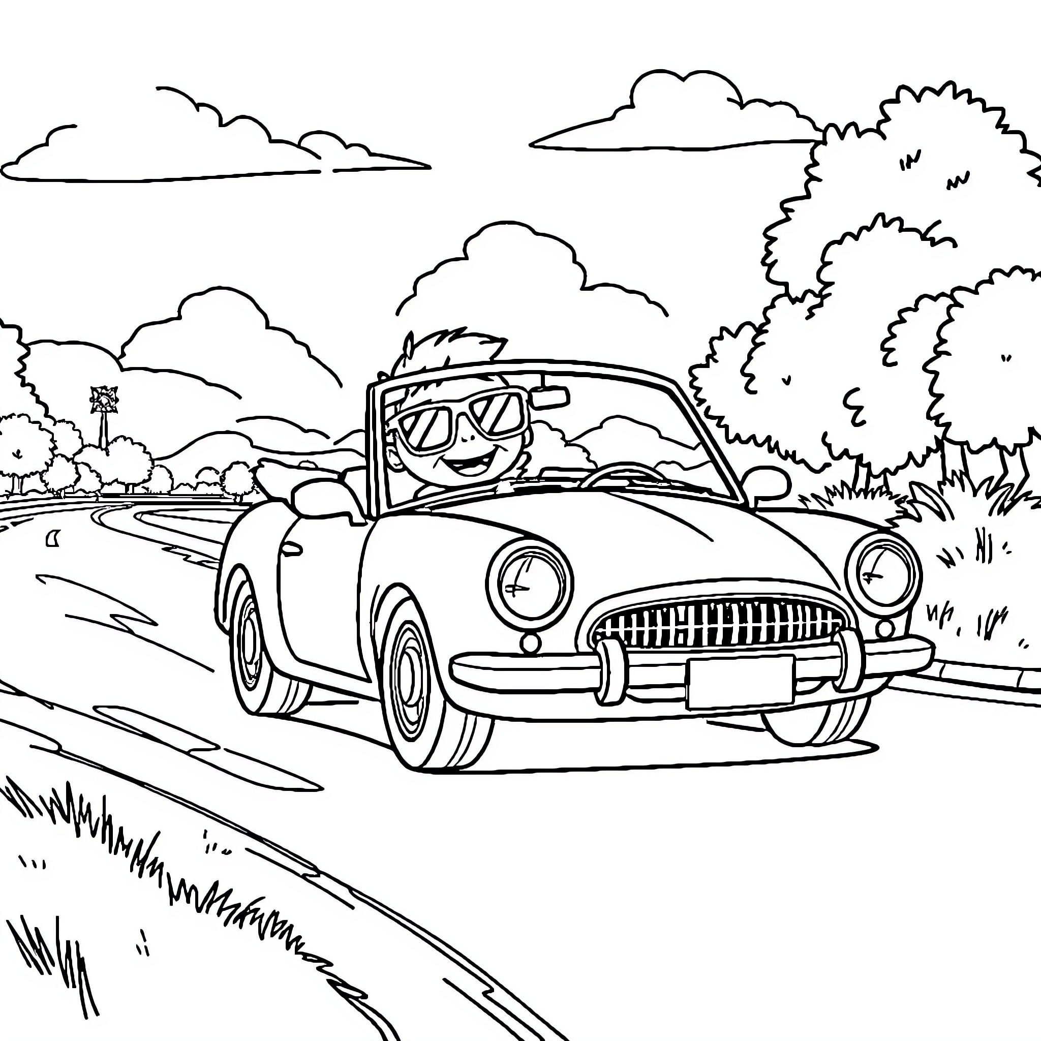 Convertible Car Driving Happily on the Road Coloring Page (free black-and-white line drawing printable PDF for all, from beginners to advanced learners, including children, teens, adults, and seniors)