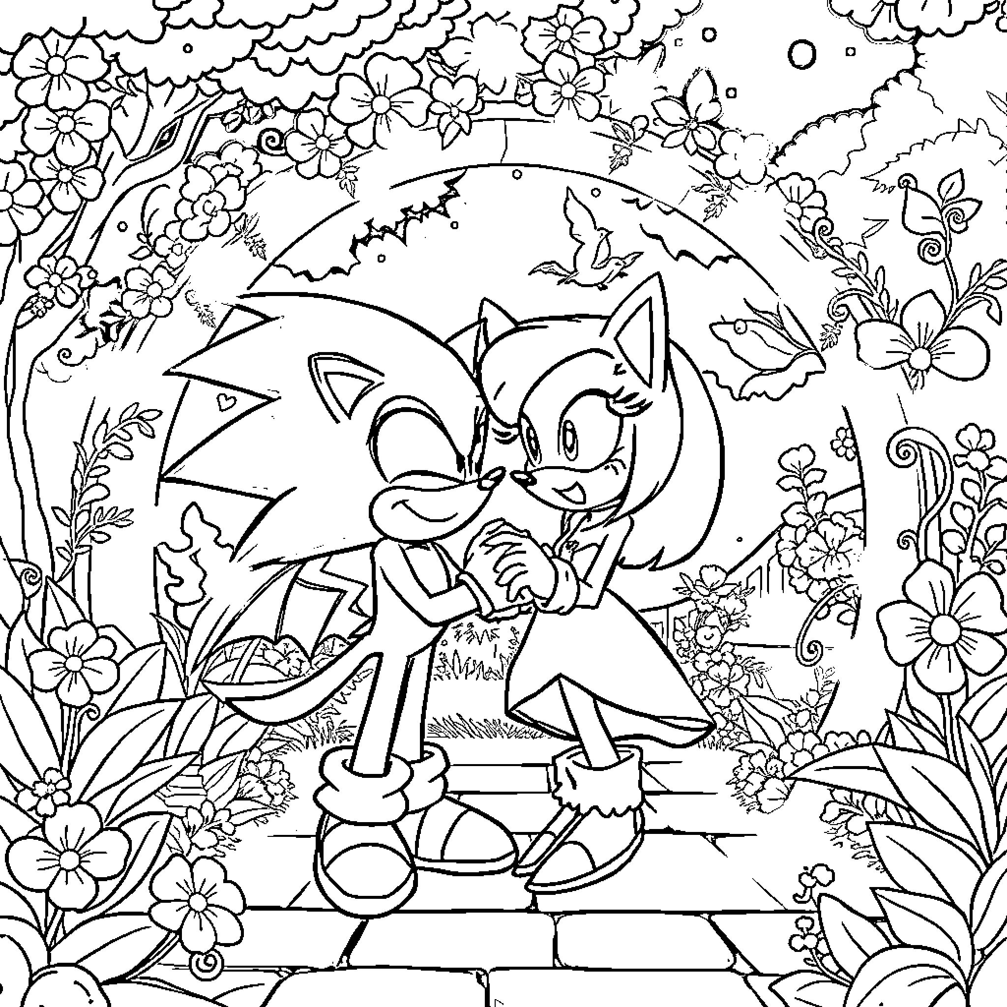 Sonic exploring floral wonderland Coloring Page (free black-and-white line drawing printable PDF for all, from beginners to advanced learners, including children, teens, adults, and seniors)