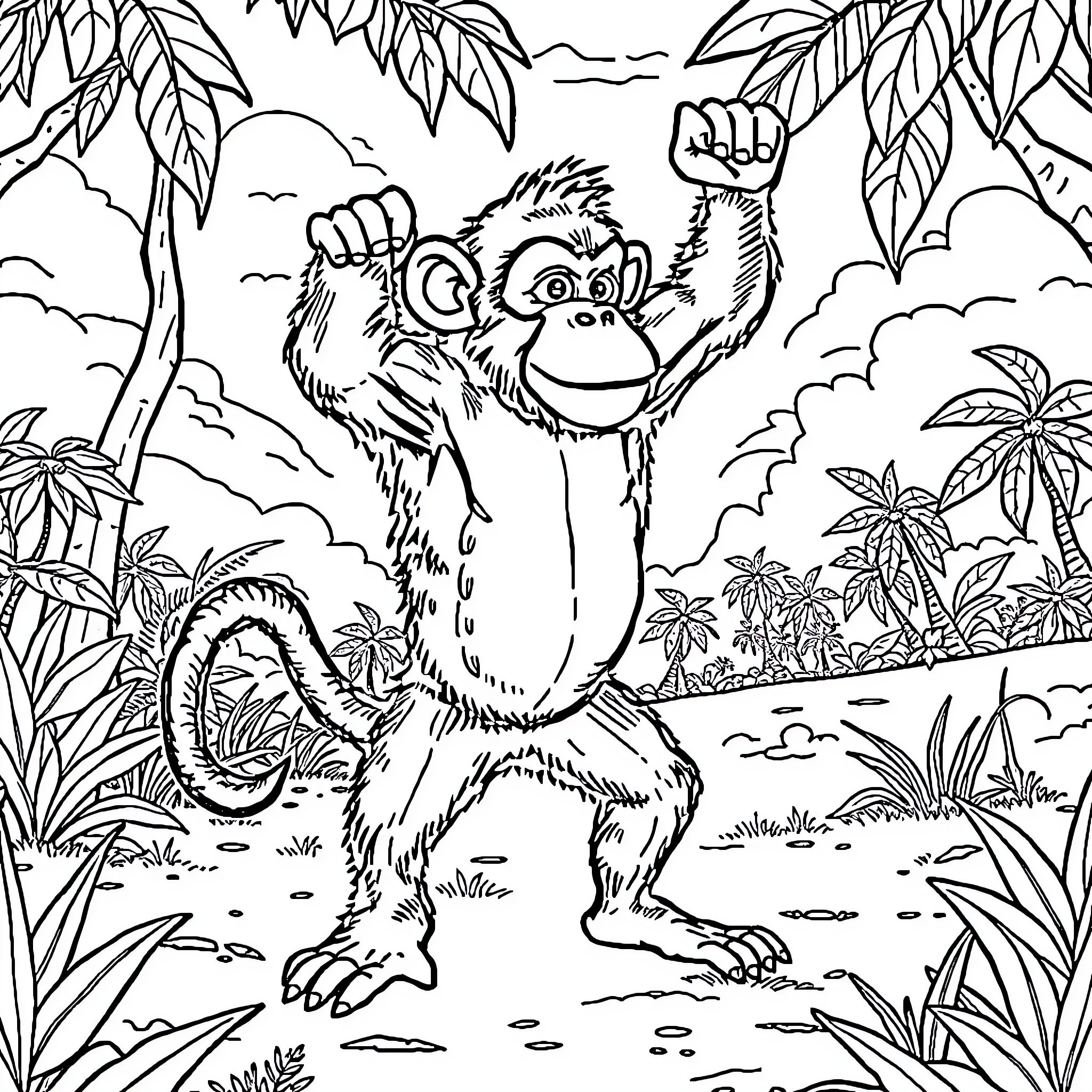 Monkey Flexing its Muscles in the Jungle Coloring Page (free black-and-white line drawing printable PDF for all, from beginners to advanced learners, including children, teens, adults, and seniors)