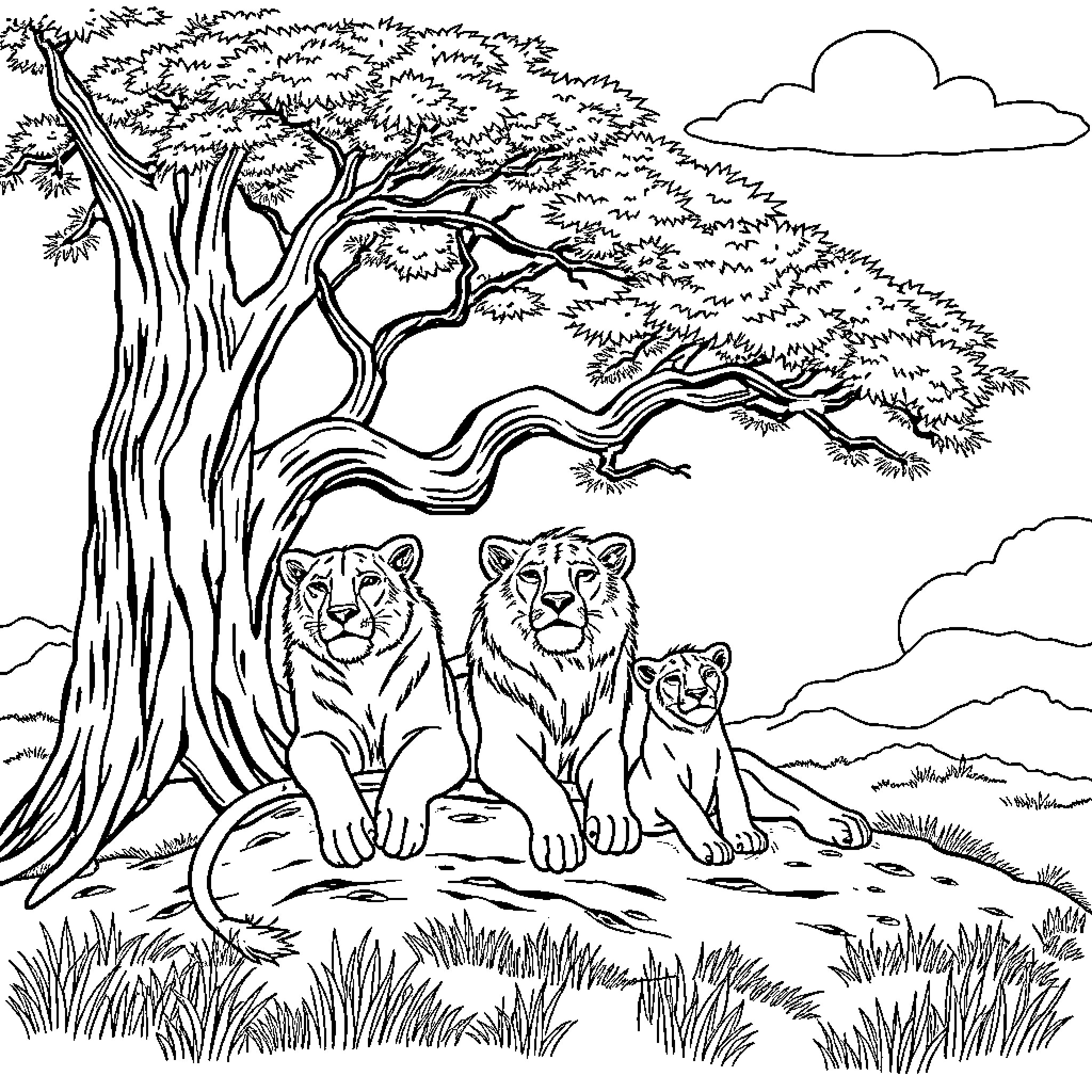 Lion family resting under the tree in the savanna Coloring Page (free black-and-white line drawing printable PDF for all, from beginners to advanced learners, including children, teens, adults, and seniors)