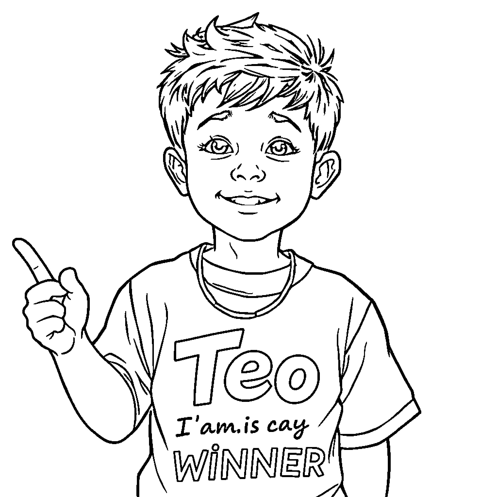 Boy proudly displaying his winning t-shirt Coloring Page (free black-and-white line drawing printable PDF for all, from beginners to advanced learners, including children, teens, adults, and seniors)