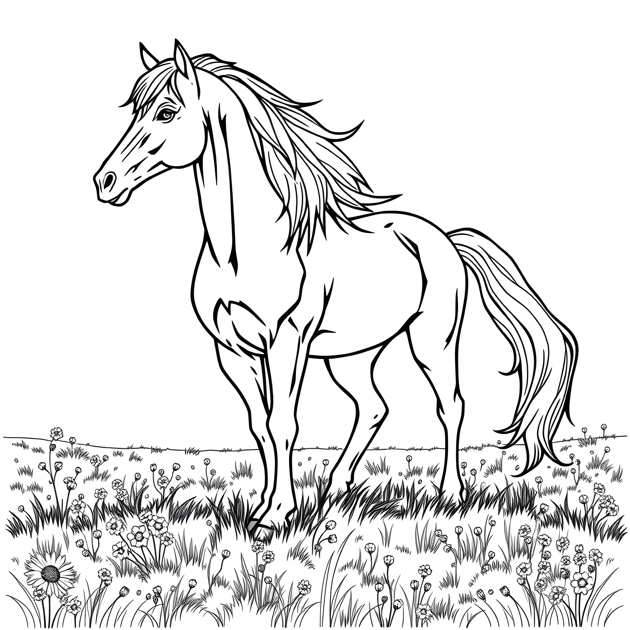 Horse standing tall in a field of flowers Coloring Page (free black-and-white line drawing printable PDF for all, from beginners to advanced learners, including children, teens, adults, and seniors)