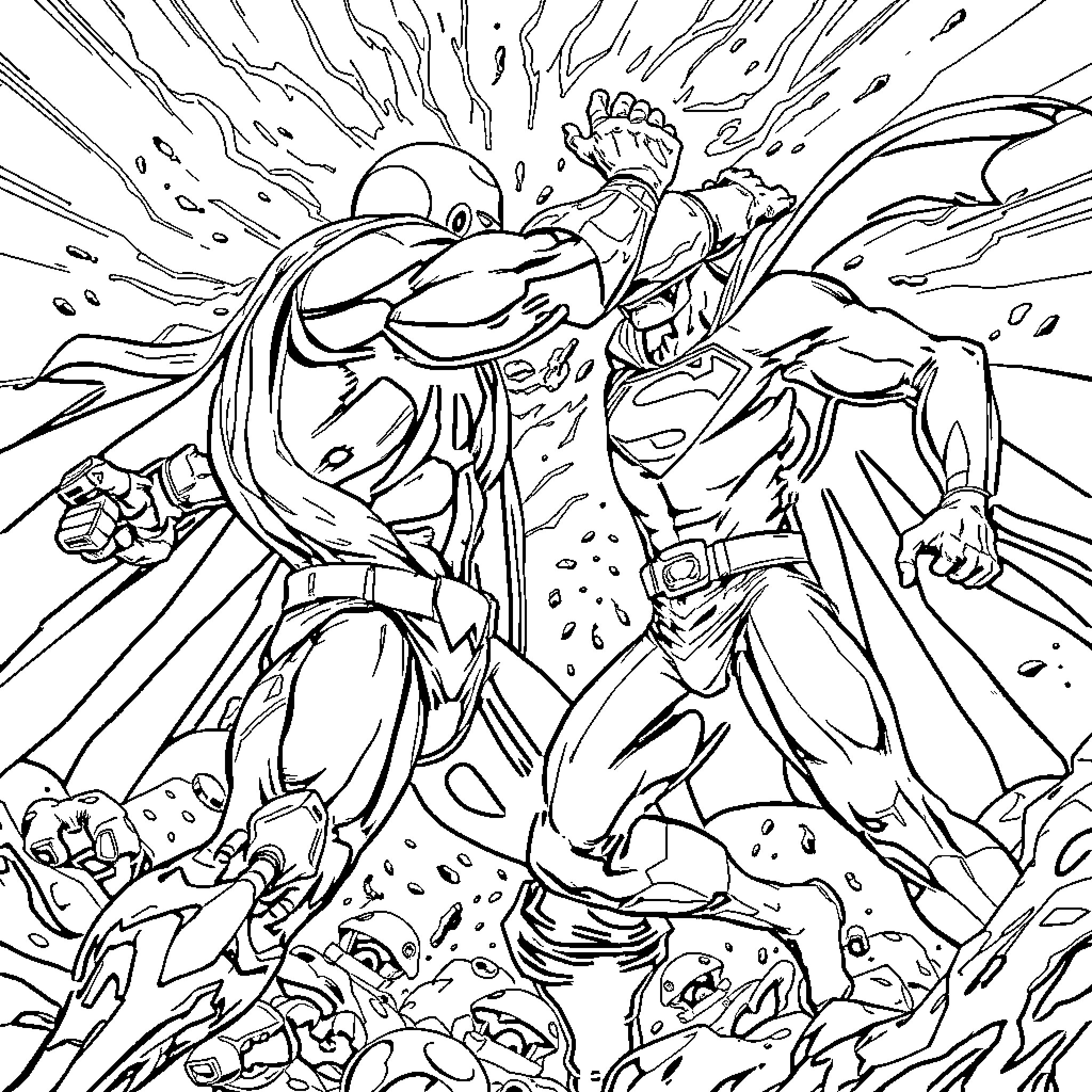 Subzero Superhero Clash of Titans Coloring Page (free black-and-white line drawing printable PDF for all, from beginners to advanced learners, including children, teens, adults, and seniors)