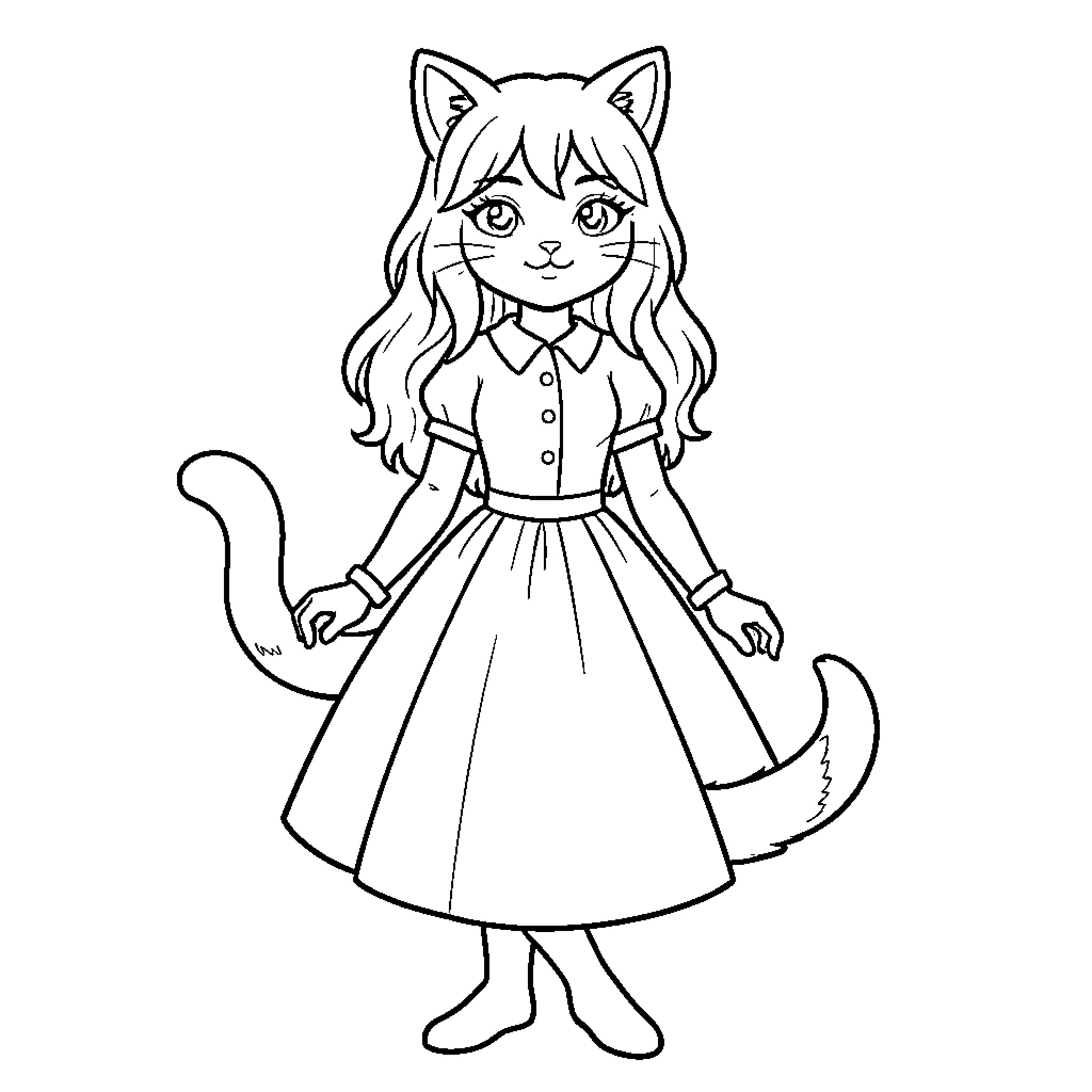 Cat Woman wearing a dress and standing gracefully Coloring Page (free black-and-white line drawing printable PDF for all, from beginners to advanced learners, including children, teens, adults, and seniors)