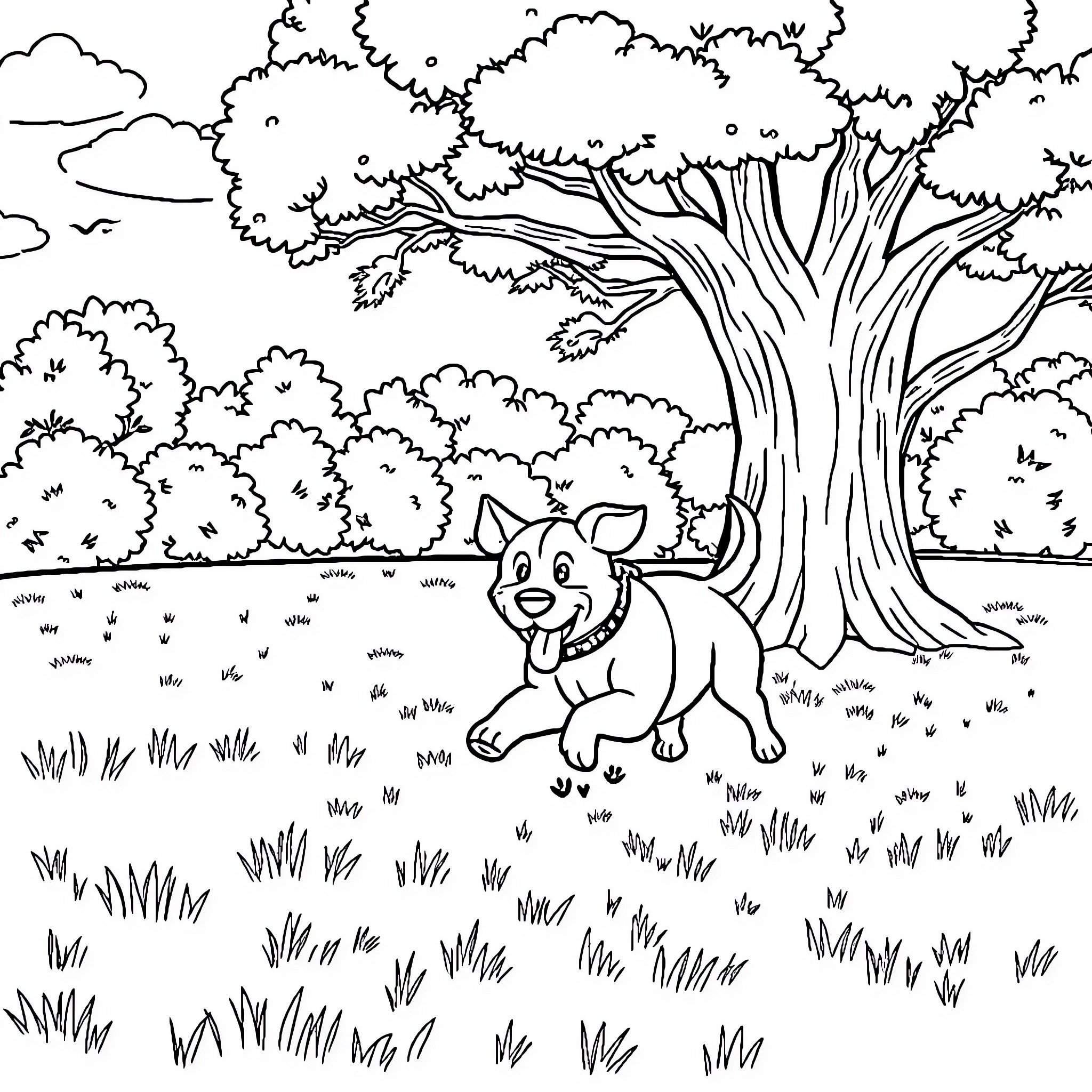Dog playing joyfully in a scenic park Coloring Page (free black-and-white line drawing printable PDF for all, from beginners to advanced learners, including children, teens, adults, and seniors)