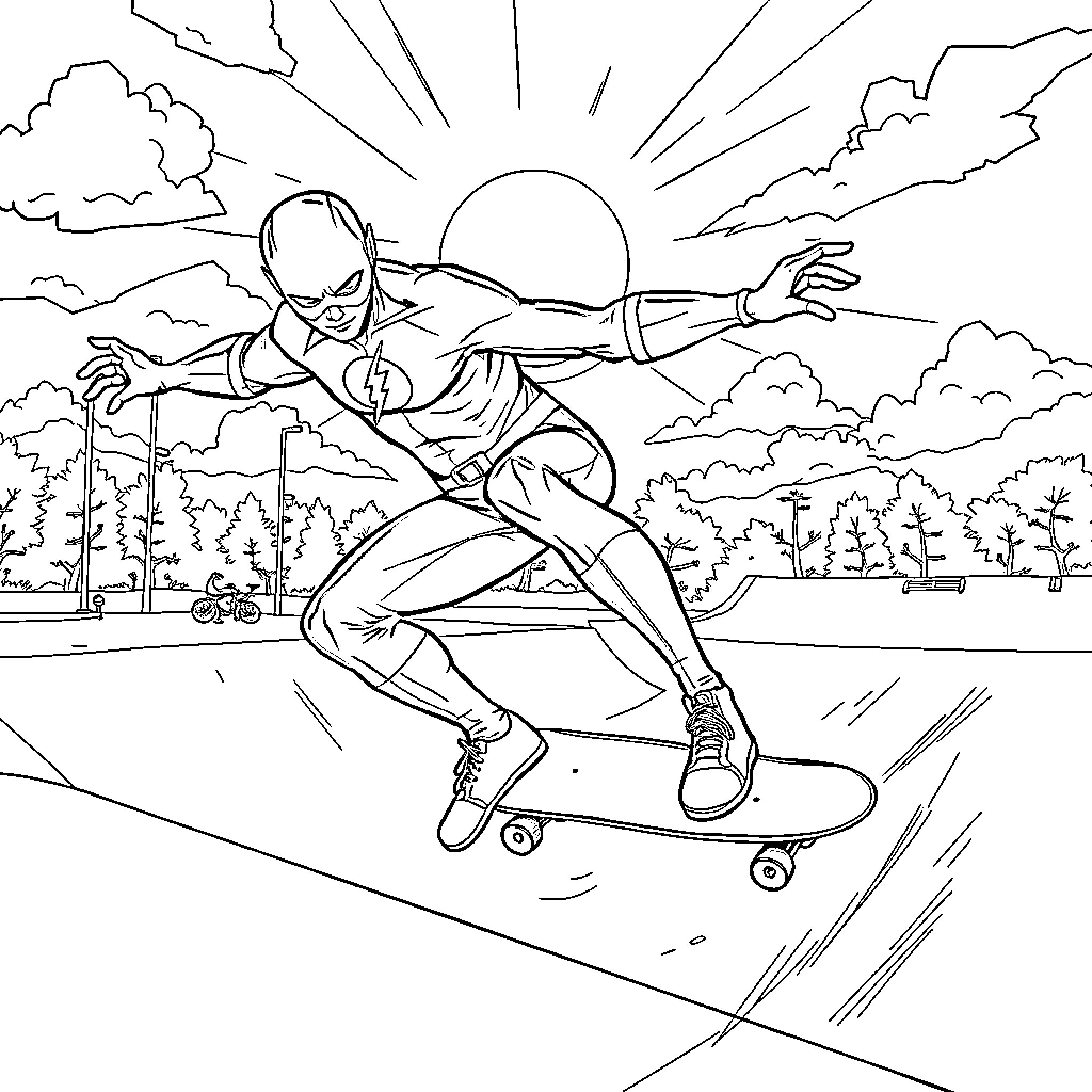 Flash racing on a skateboard in the outdoors Coloring Page (free black-and-white line drawing printable PDF for all, from beginners to advanced learners, including children, teens, adults, and seniors)