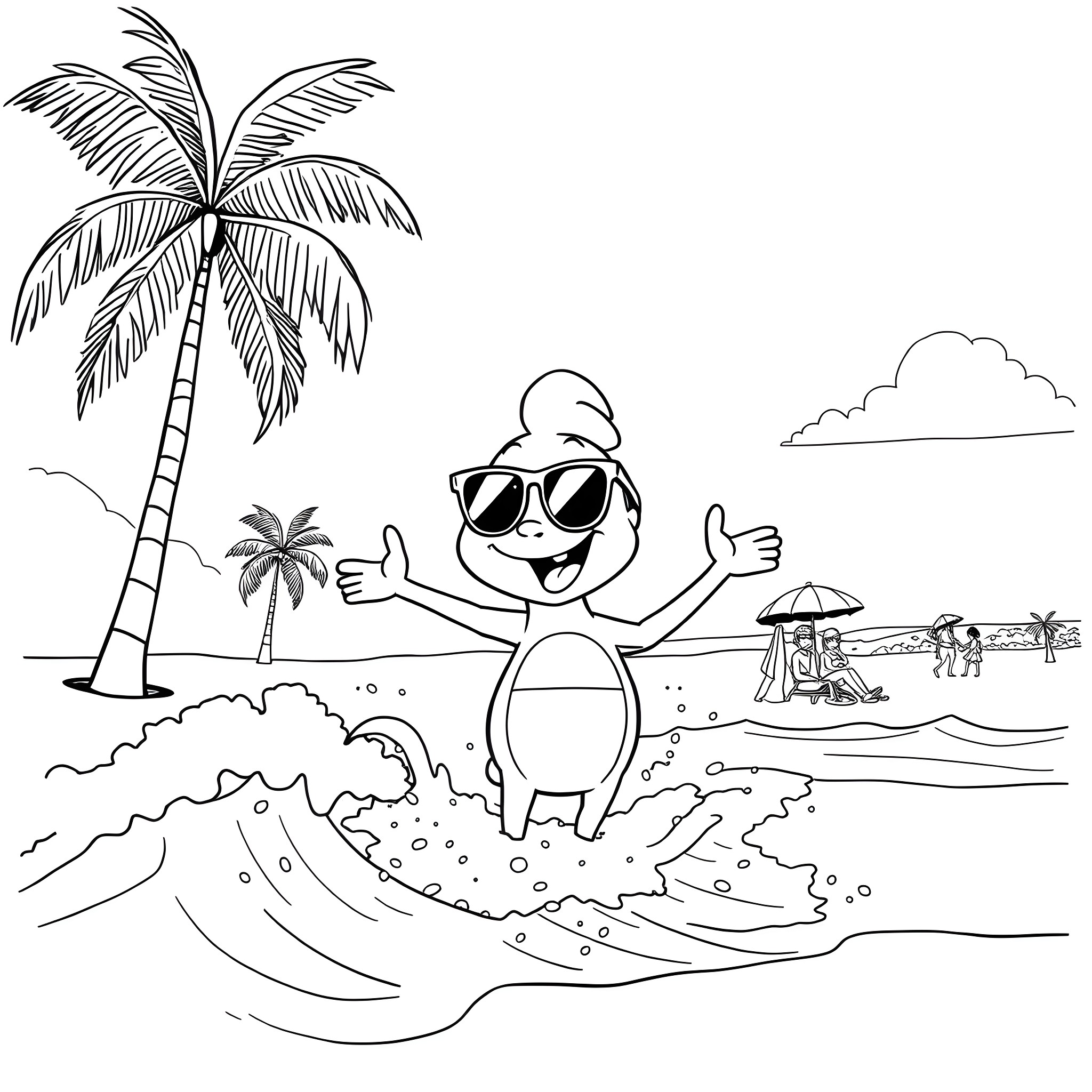 Summer fun on the beach Coloring Page (free black-and-white line drawing printable PDF for all, from beginners to advanced learners, including children, teens, adults, and seniors)