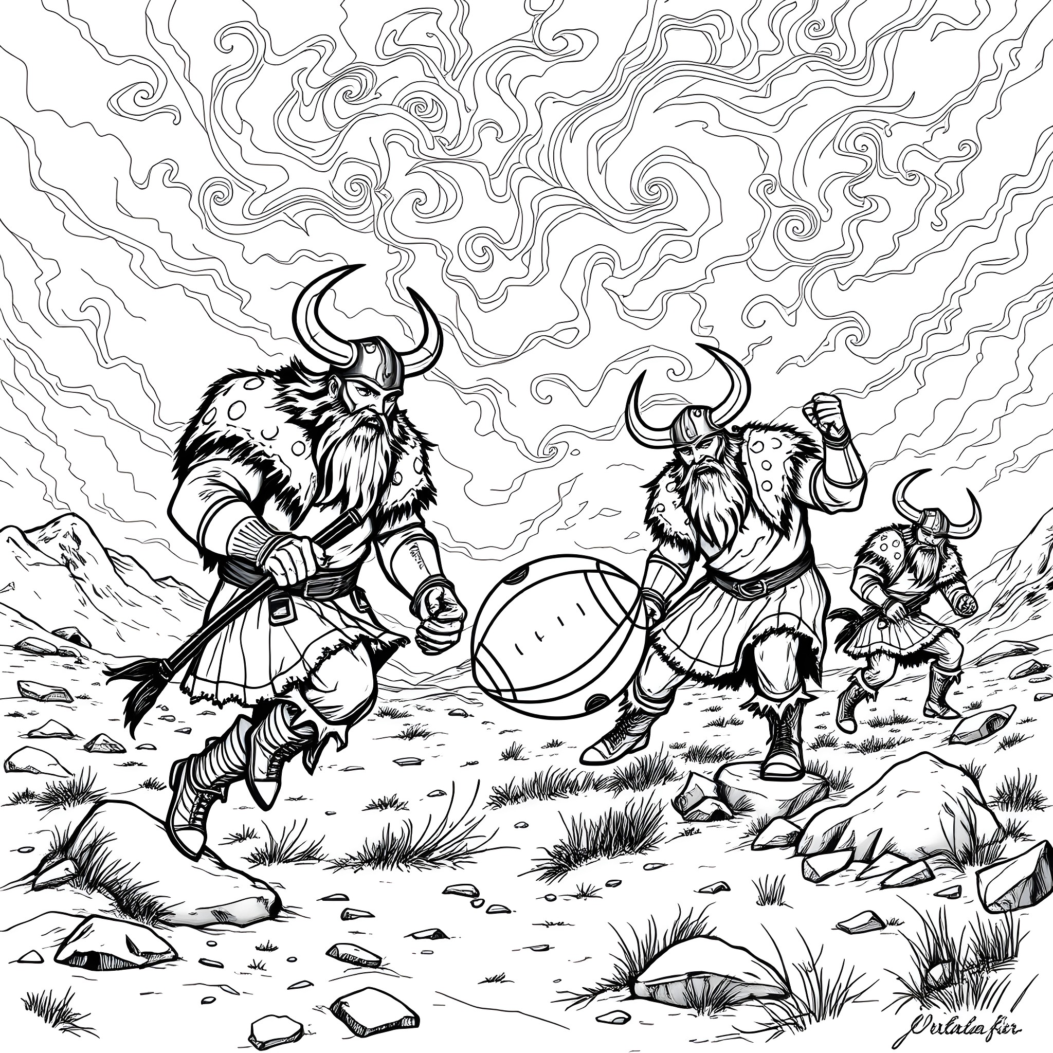 Viking warriors engaged in fierce battle Coloring Page (free black-and-white line drawing printable PDF for all, from beginners to advanced learners, including children, teens, adults, and seniors)