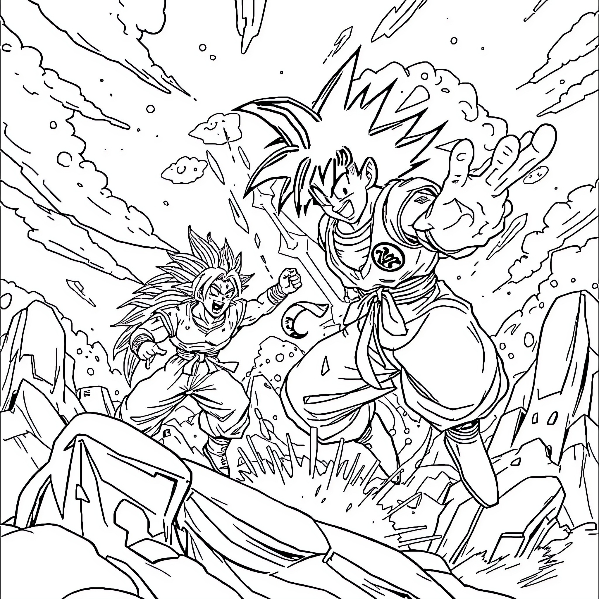 Dragon Ball Z: Intense Battle Between Rivals Coloring Page (free black-and-white line drawing printable PDF for all, from beginners to advanced learners, including children, teens, adults, and seniors)
