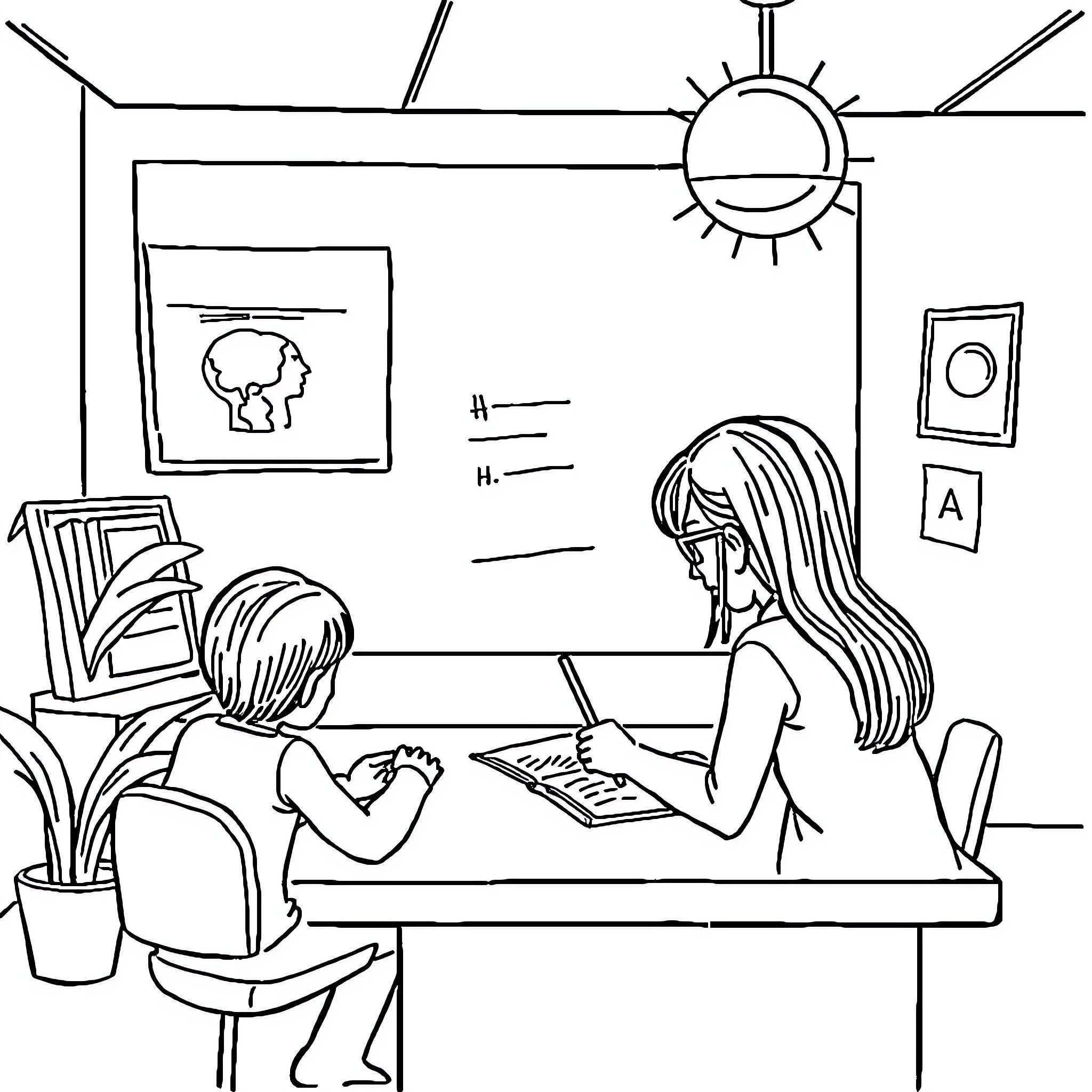 Icfes students working diligently in the classroom Coloring Page (free black-and-white line drawing printable PDF for all, from beginners to advanced learners, including children, teens, adults, and seniors)