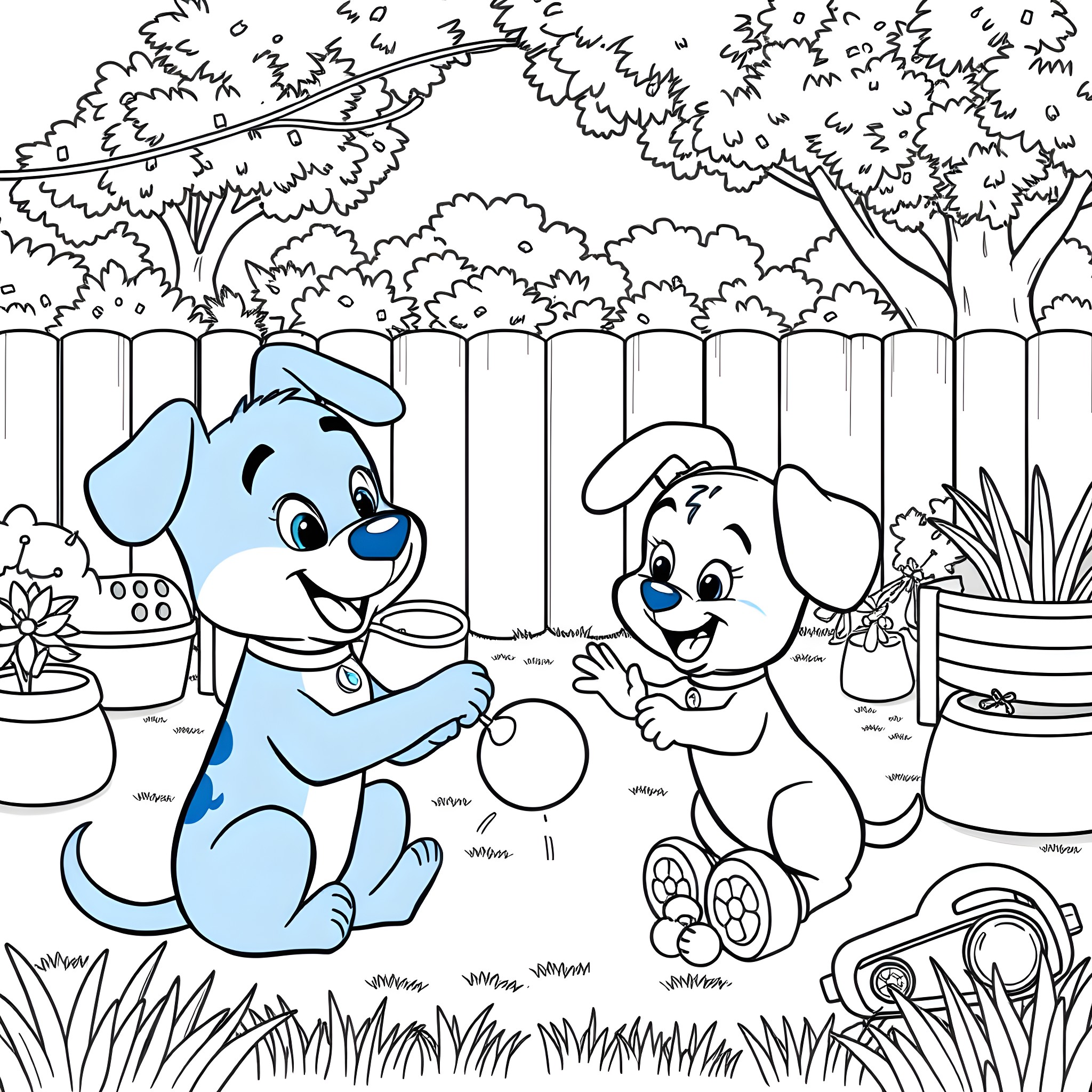 Bluey and Bingo playing happily in the backyard Coloring Page (free black-and-white line drawing printable PDF for all, from beginners to advanced learners, including children, teens, adults, and seniors)