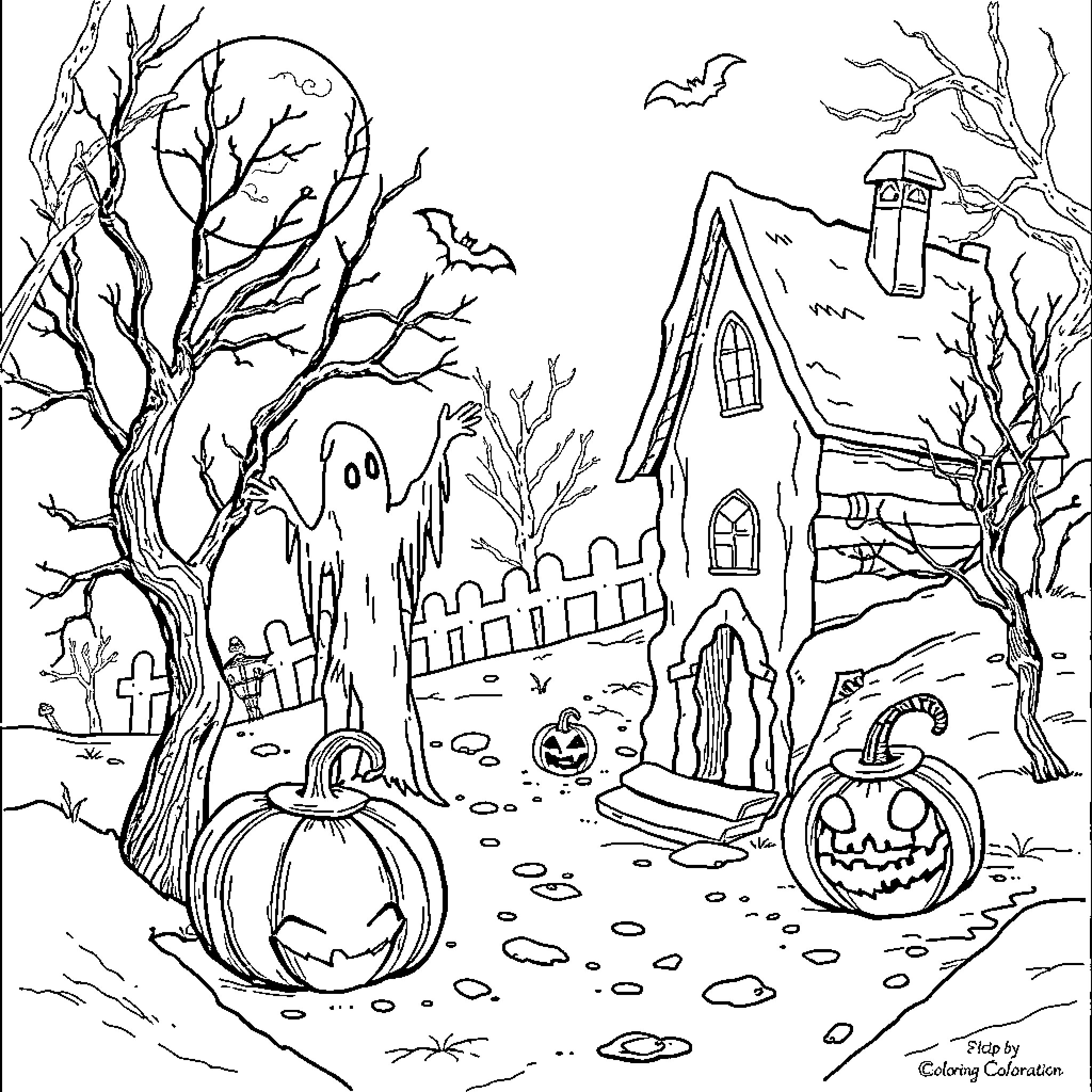 Frozen Haunted Haunted House and Graveyard Scene Coloring Page (free black-and-white line drawing printable PDF for all, from beginners to advanced learners, including children, teens, adults, and seniors)