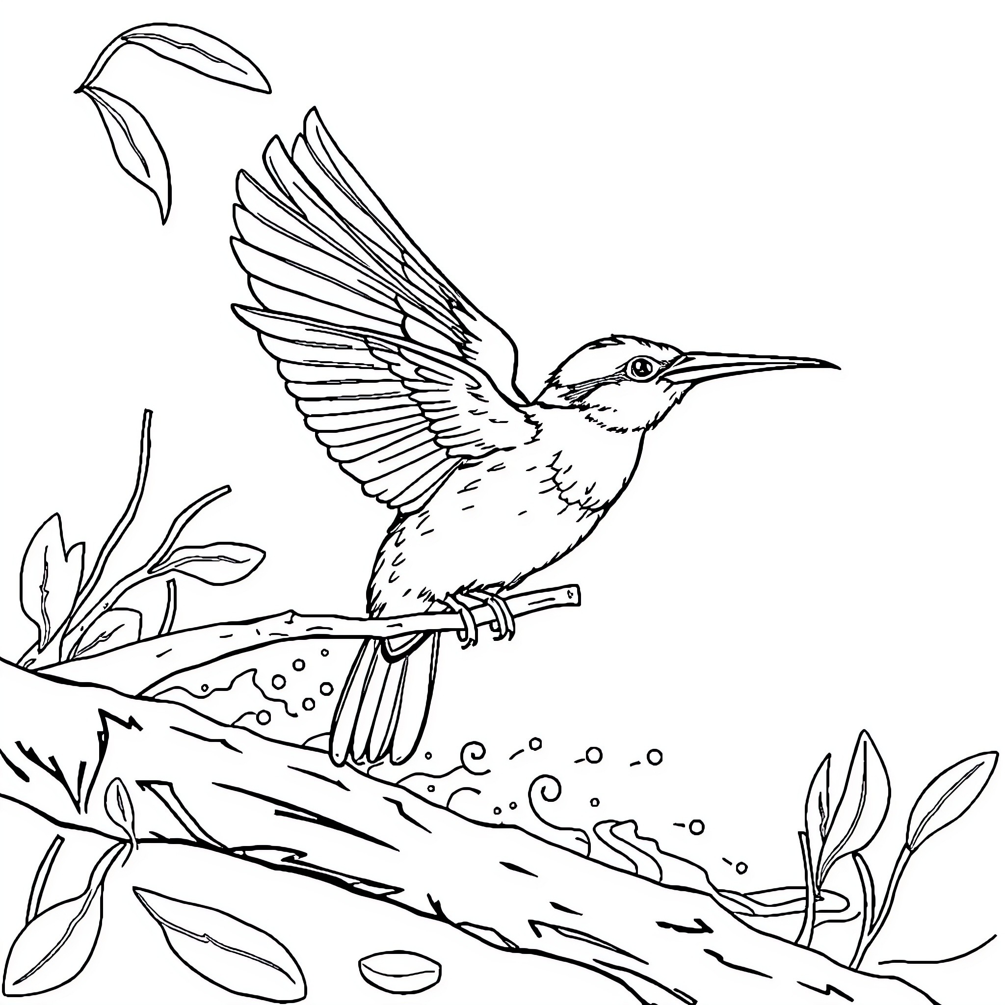 Bird perched on branch with leaves Coloring Page (free black-and-white line drawing printable PDF for all, from beginners to advanced learners, including children, teens, adults, and seniors)