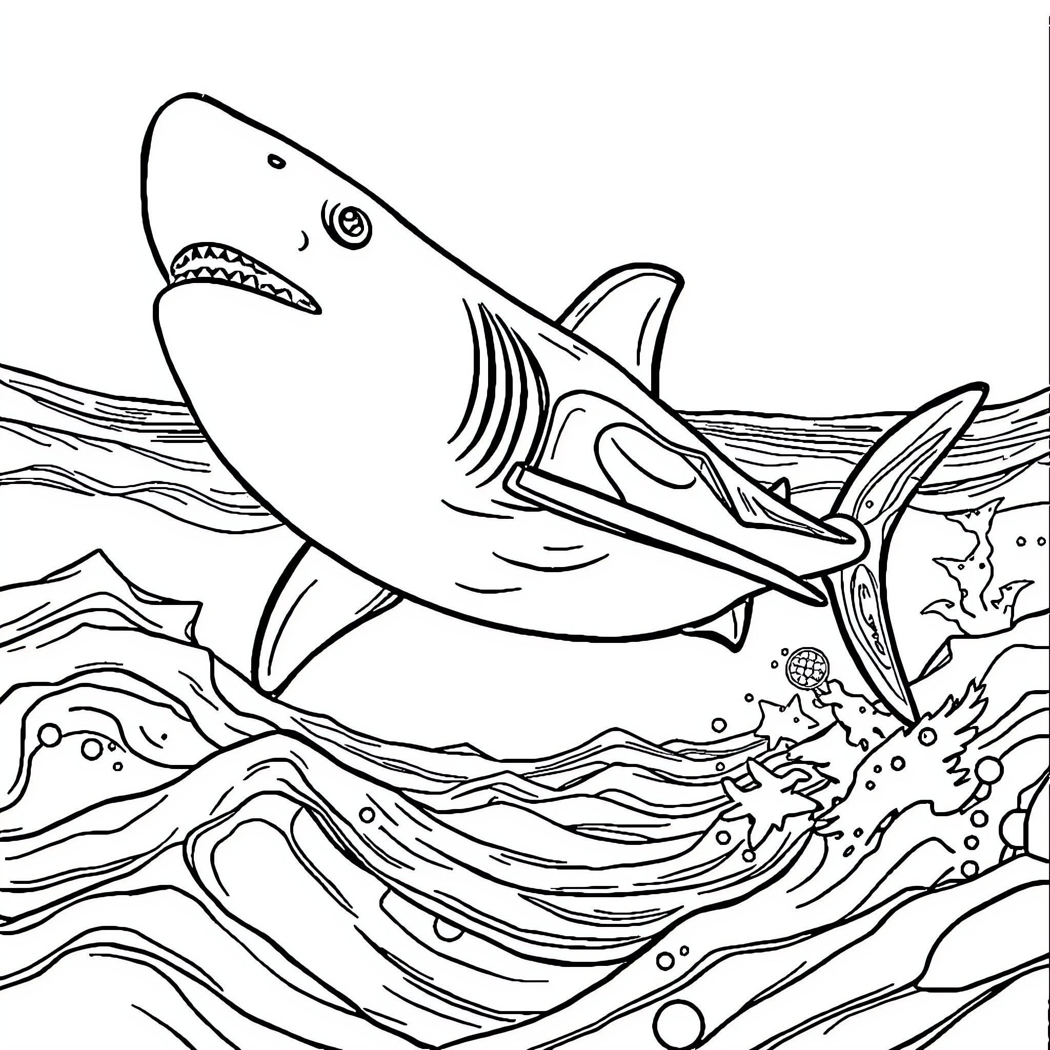 Tiburon exploring the depths of the ocean Coloring Page (free black-and-white line drawing printable PDF for all, from beginners to advanced learners, including children, teens, adults, and seniors)