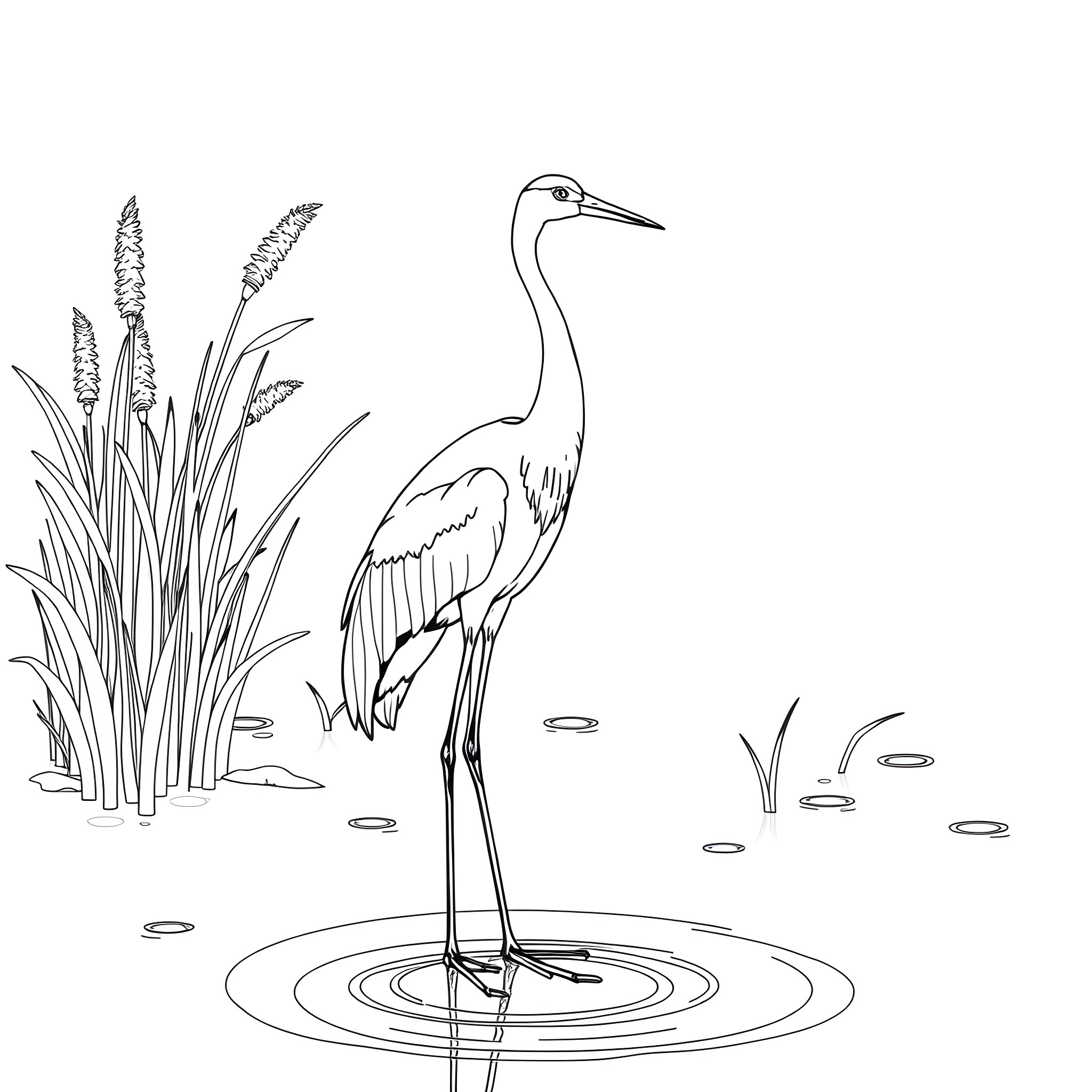 Crane wading in the pond Coloring Page (free black-and-white line drawing printable PDF for all, from beginners to advanced learners, including children, teens, adults, and seniors)