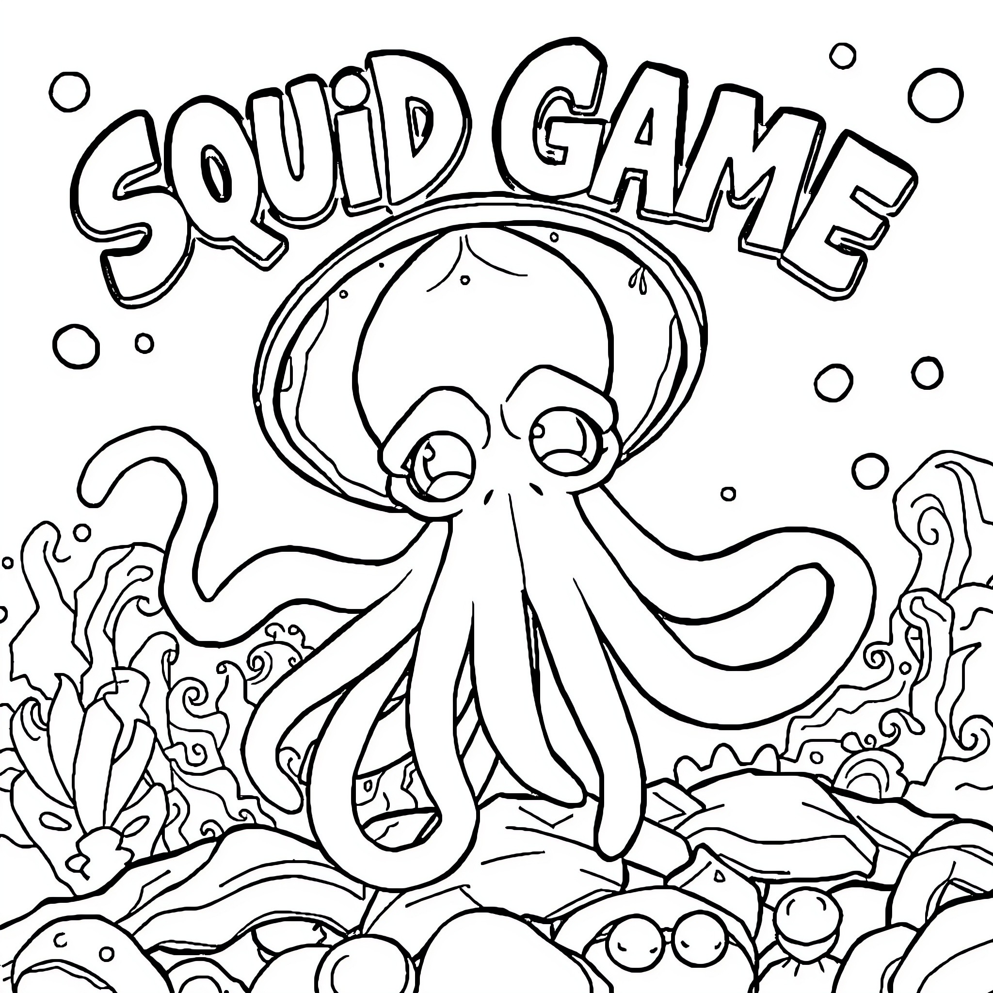 Squid Game featuring a playful octopus character Coloring Page (free black-and-white line drawing printable PDF for all, from beginners to advanced learners, including children, teens, adults, and seniors)