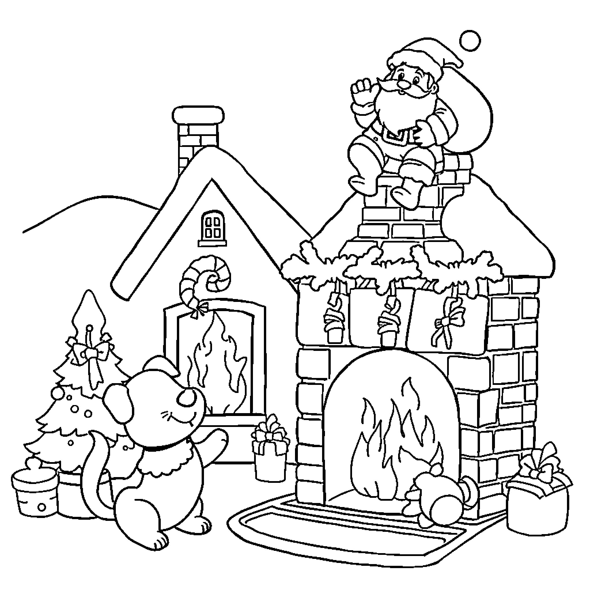 Christmas Scene with Santa and Cozy Fireplace Coloring Page (free black-and-white line drawing printable PDF for all, from beginners to advanced learners, including children, teens, adults, and seniors)