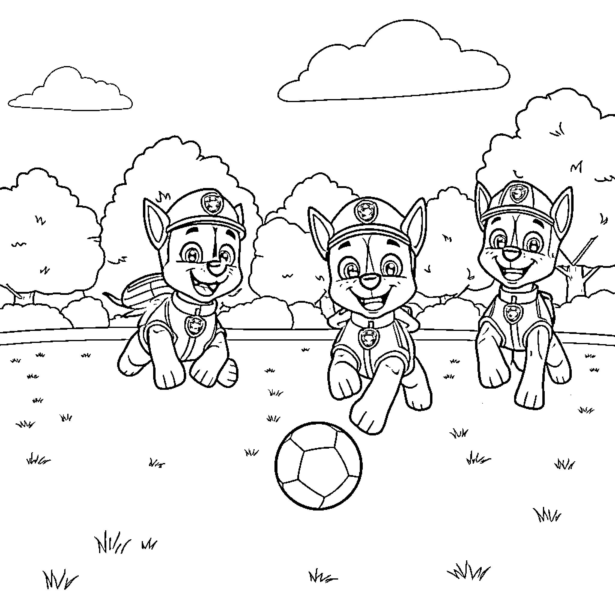 Paw Patrol puppies playing soccer outdoors Coloring Page (free black-and-white line drawing printable PDF for all, from beginners to advanced learners, including children, teens, adults, and seniors)