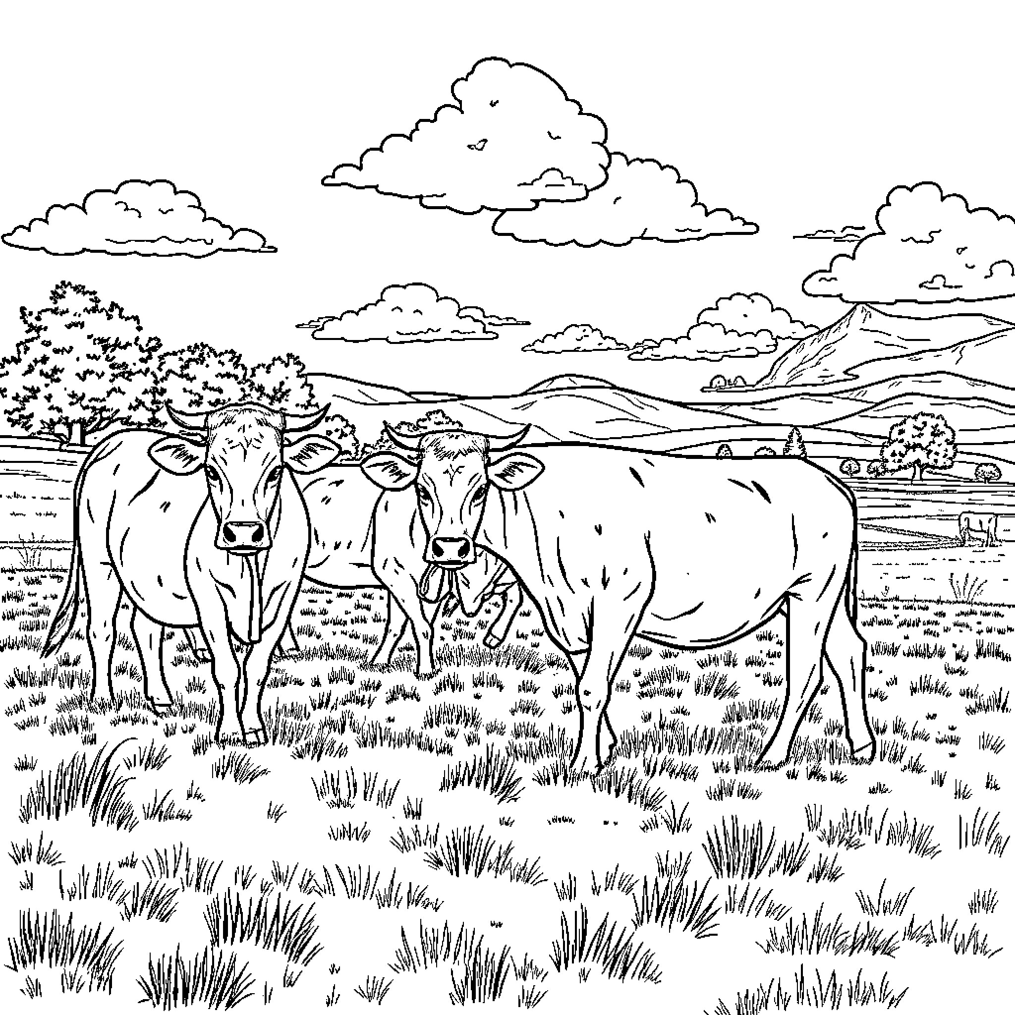 Cattle grazing peacefully in the countryside landscape Coloring Page (free black-and-white line drawing printable PDF for all, from beginners to advanced learners, including children, teens, adults, and seniors)