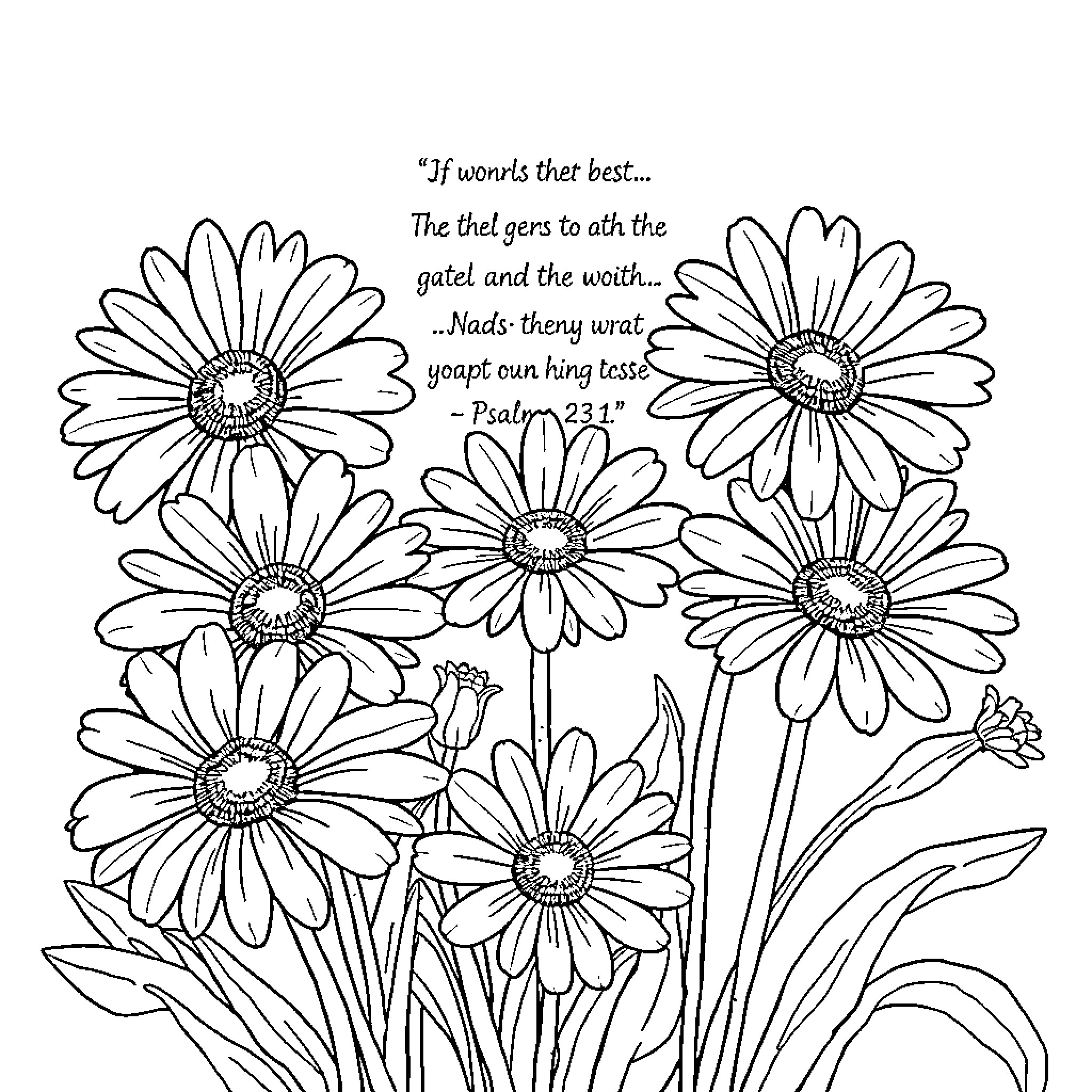 Daisy flowers in bloom with Scripture verse Coloring Page (free black-and-white line drawing printable PDF for all, from beginners to advanced learners, including children, teens, adults, and seniors)