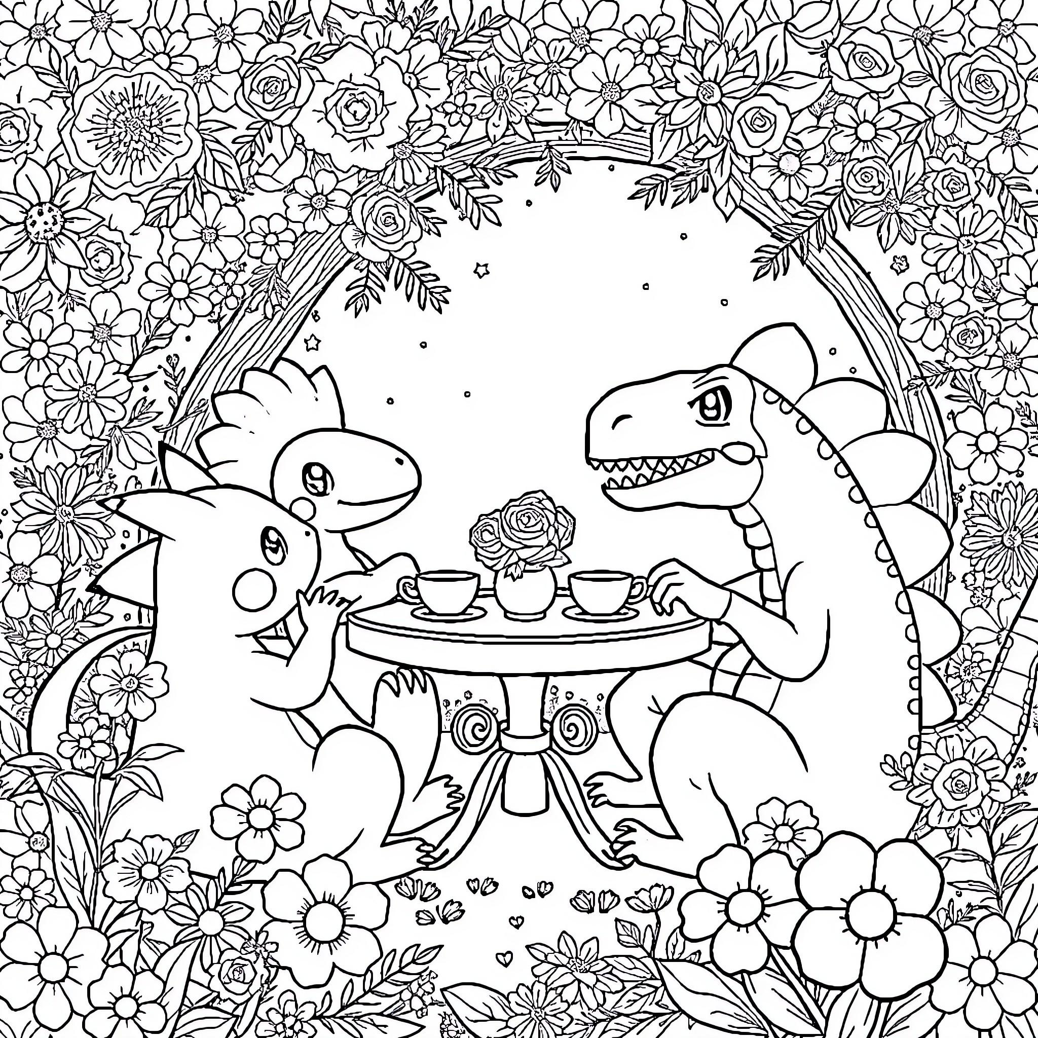 Pokémon Dinosaurs Enjoying Floral Tea Party Coloring Page (free black-and-white line drawing printable PDF for all, from beginners to advanced learners, including children, teens, adults, and seniors)