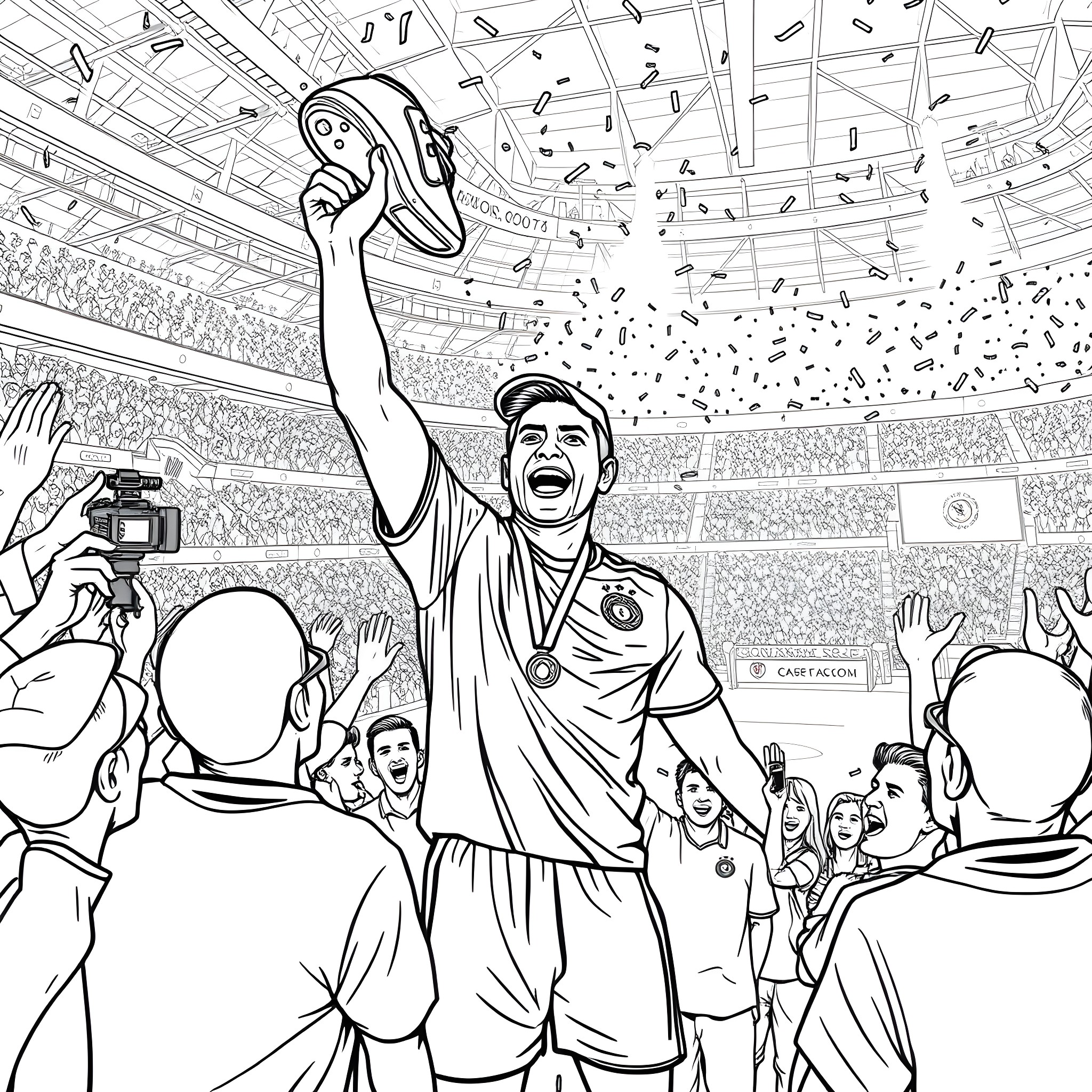 Stoichkov Celebrating Victory in a Stadium Coloring Page (free black-and-white line drawing printable PDF for all, from beginners to advanced learners, including children, teens, adults, and seniors)