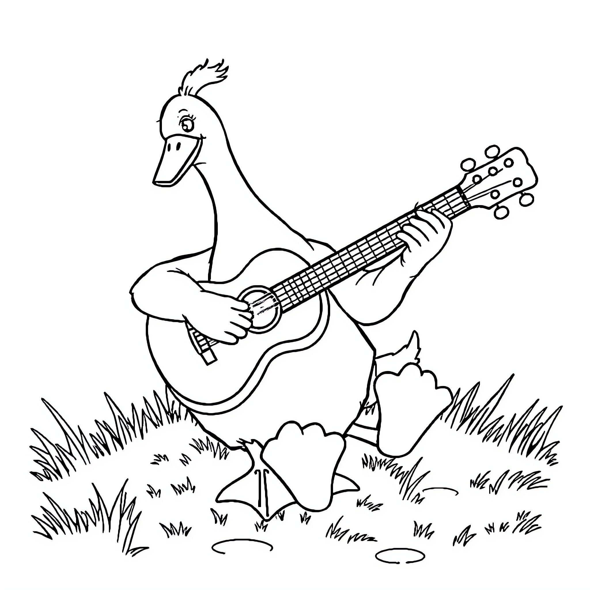 Goose playing guitar in the meadow Coloring Page (free black-and-white line drawing printable PDF for all, from beginners to advanced learners, including children, teens, adults, and seniors)